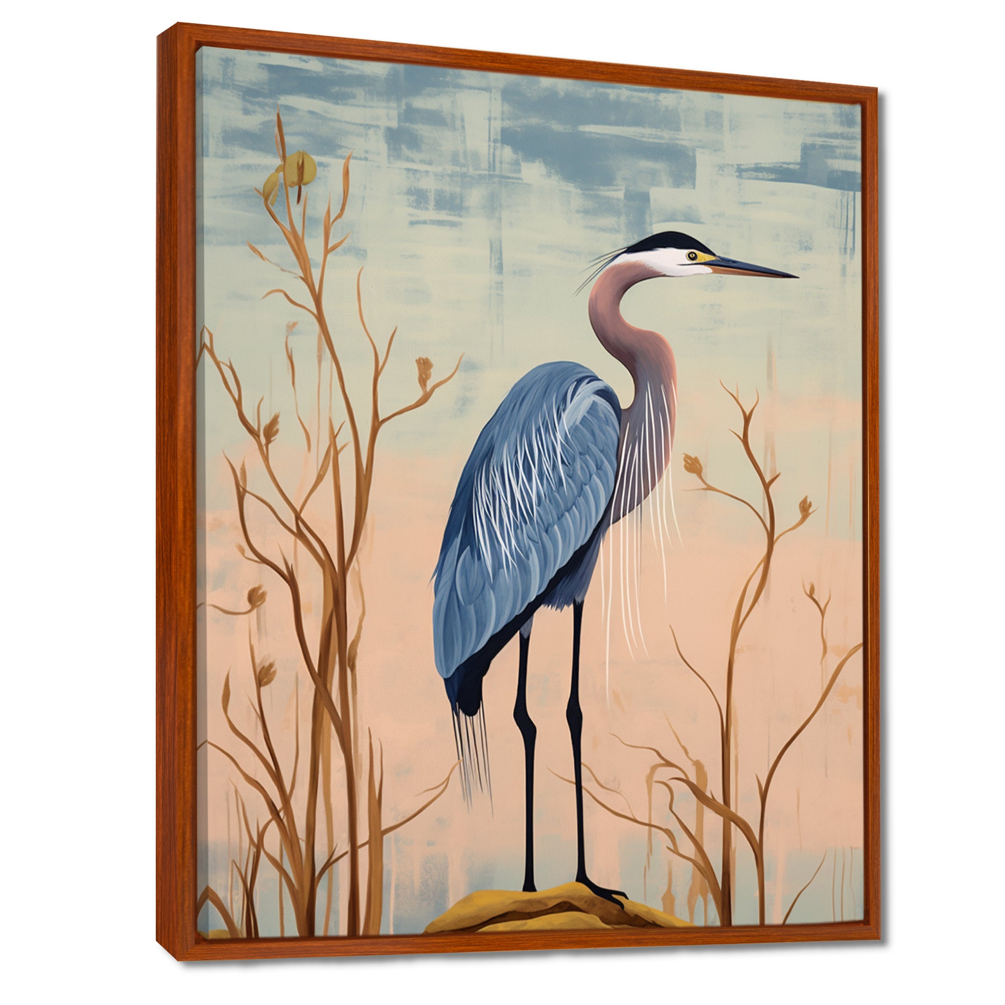 Blue Heron Pink Sky Retro Illustration - Blue Heron Wall Art