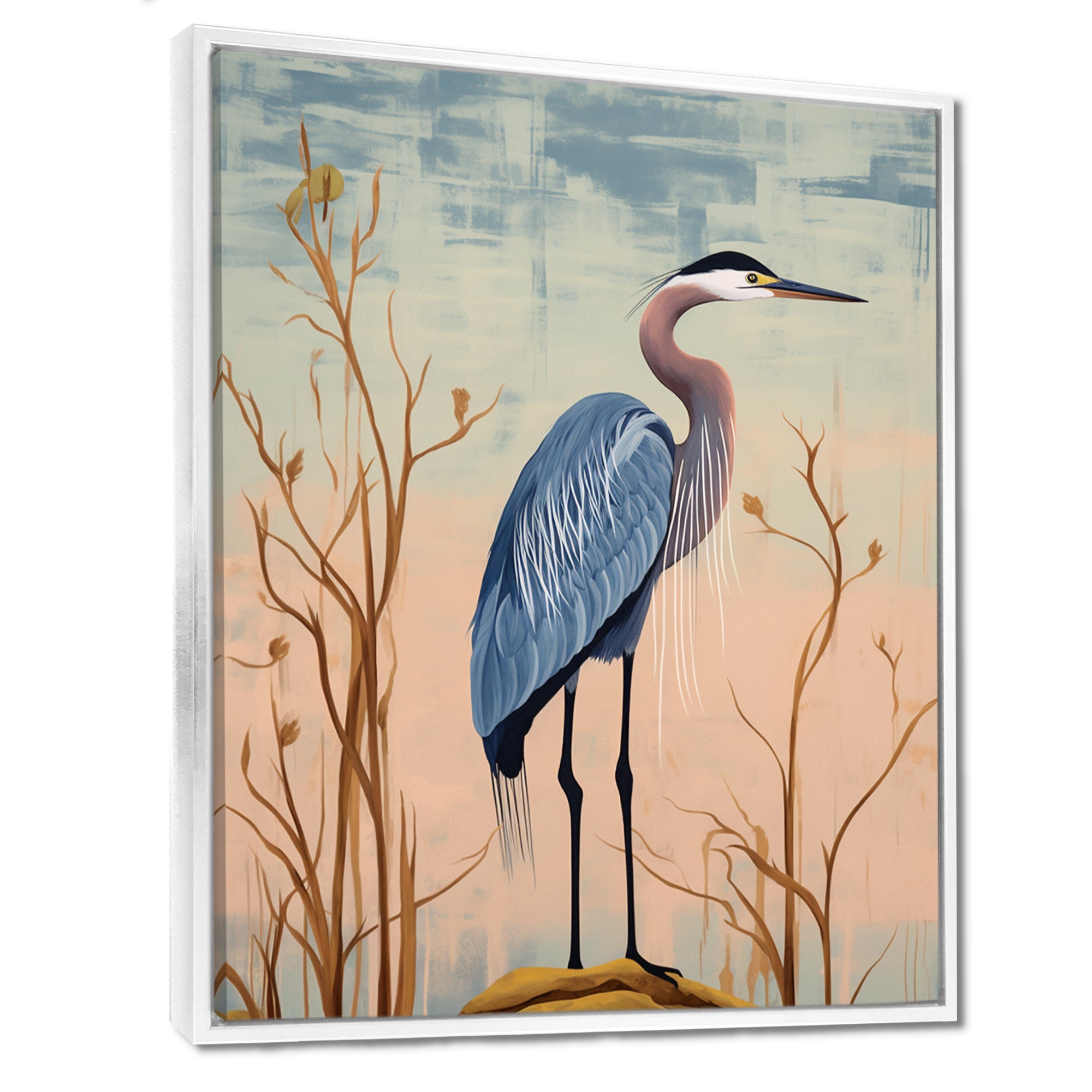 Blue Heron Pink Sky Retro Illustration - Blue Heron Wall Art