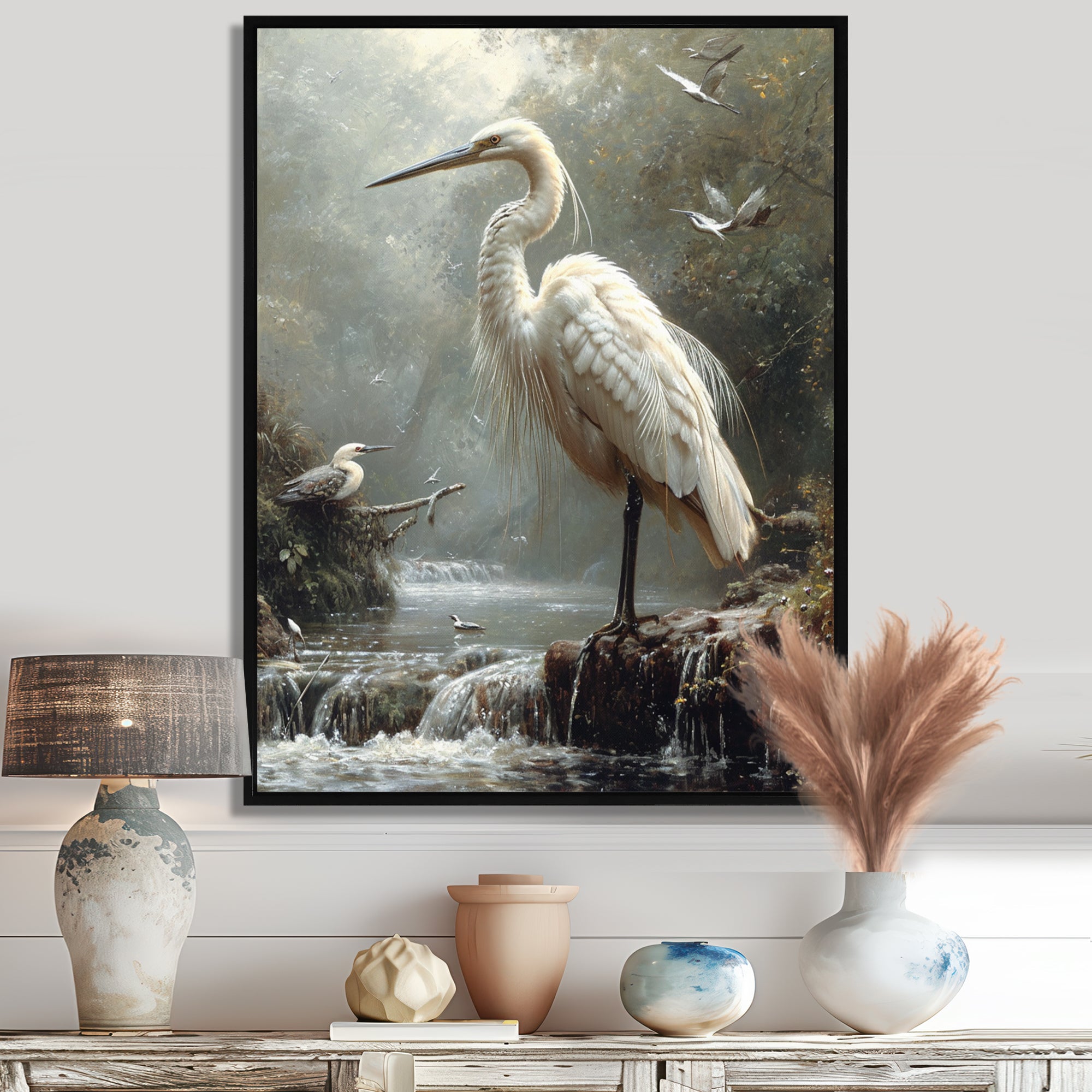 White Heron Looking For River Pray - Heron Framed Canvas Art
