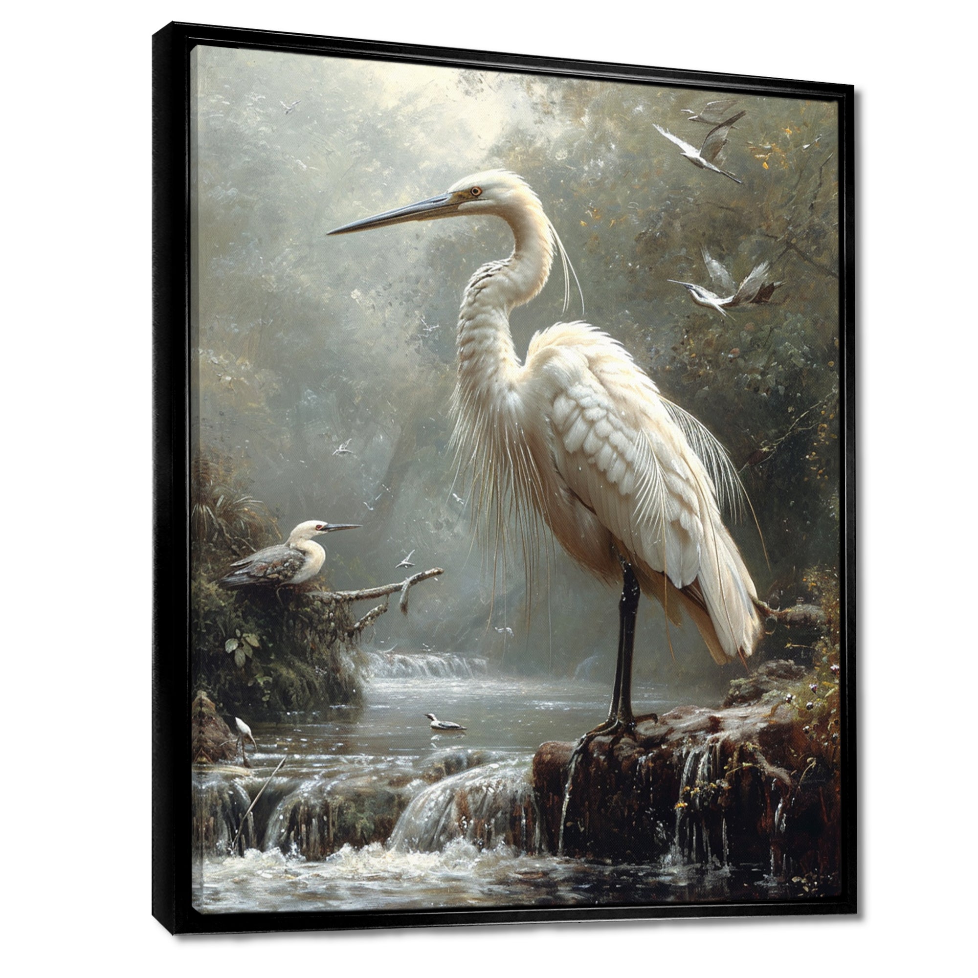 White Heron Looking For River Pray - Heron Framed Canvas Art