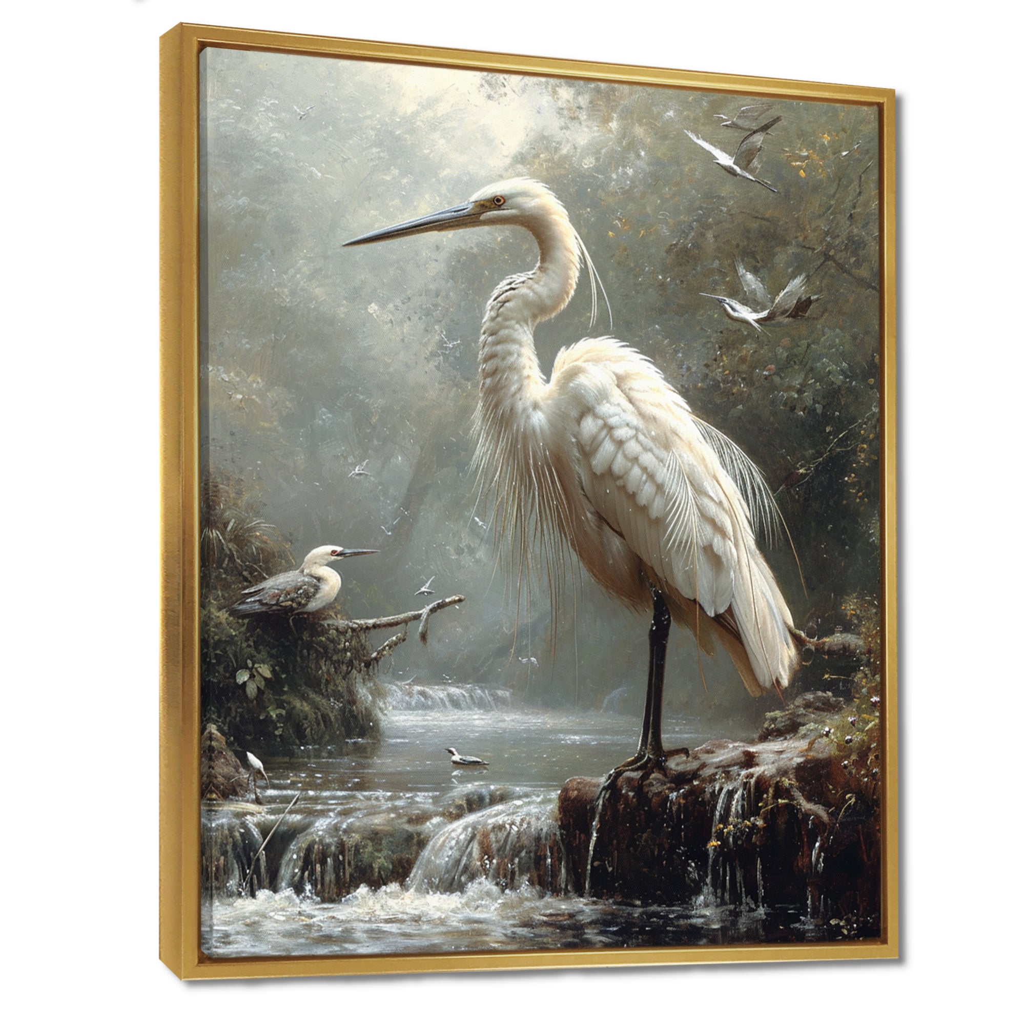 White Heron Looking For River Pray - Heron Framed Canvas Art