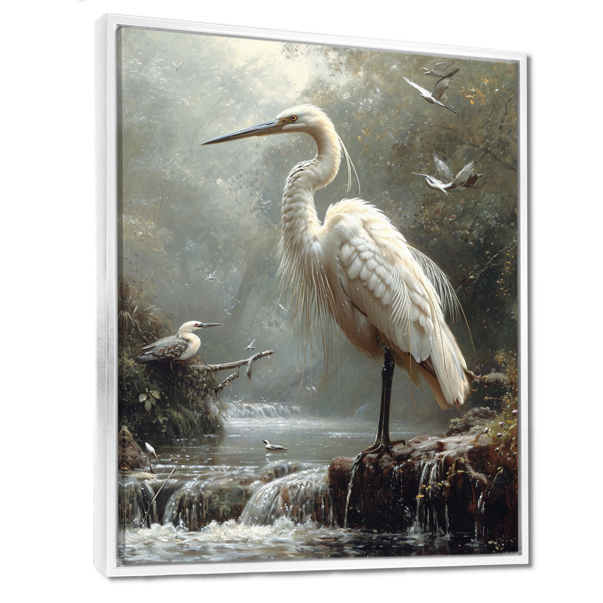 White Heron Looking For River Pray - Heron Framed Canvas Art