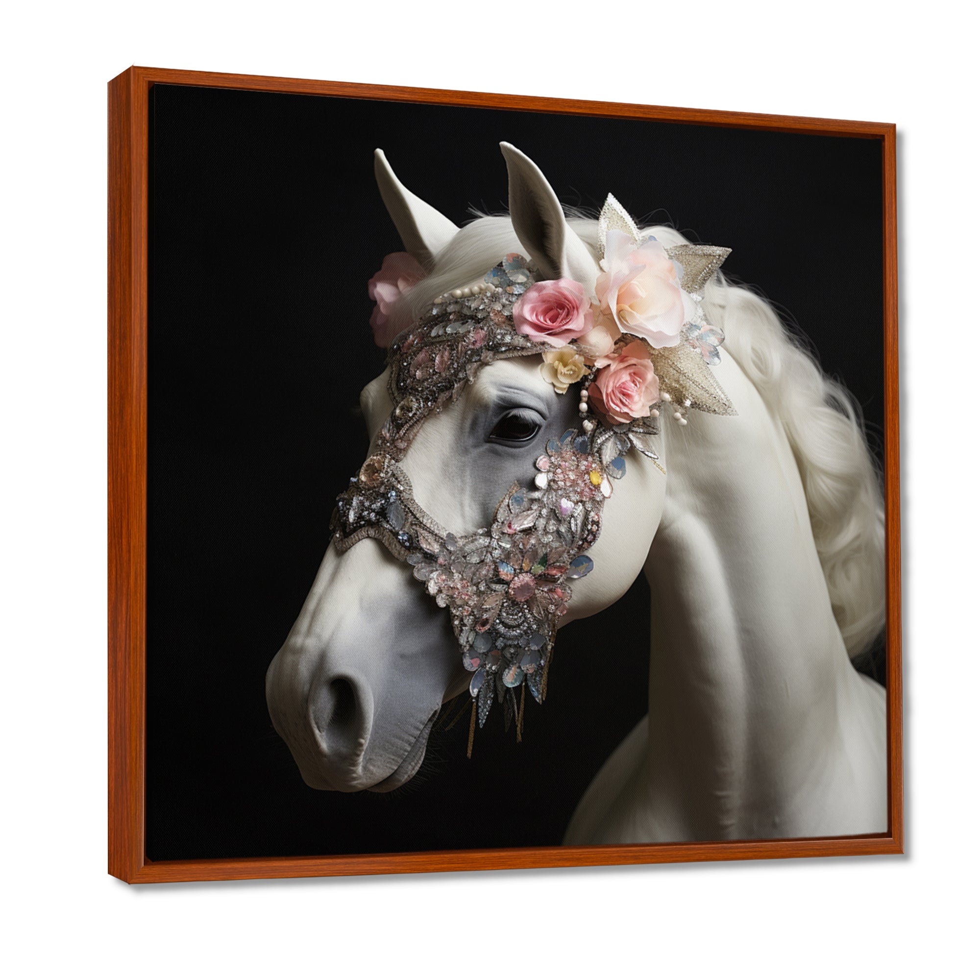 Glamorous White Horse With Pink Flowers - Horse Canvas Wall Art