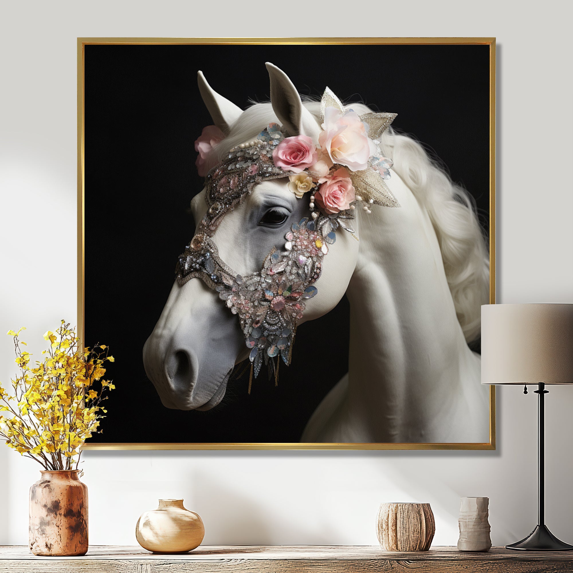 Glamorous White Horse With Pink Flowers - Horse Canvas Wall Art
