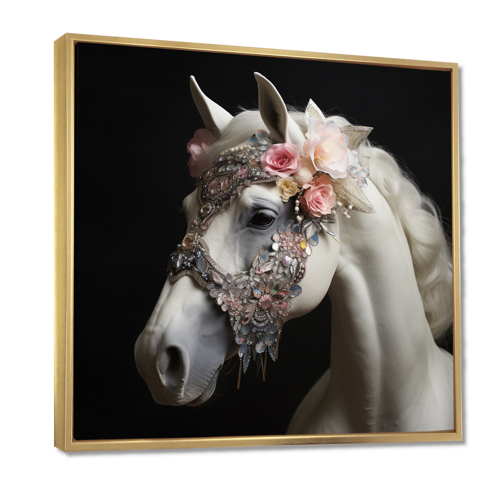 Glamorous White Horse With Pink Flowers - Horse Canvas Wall Art