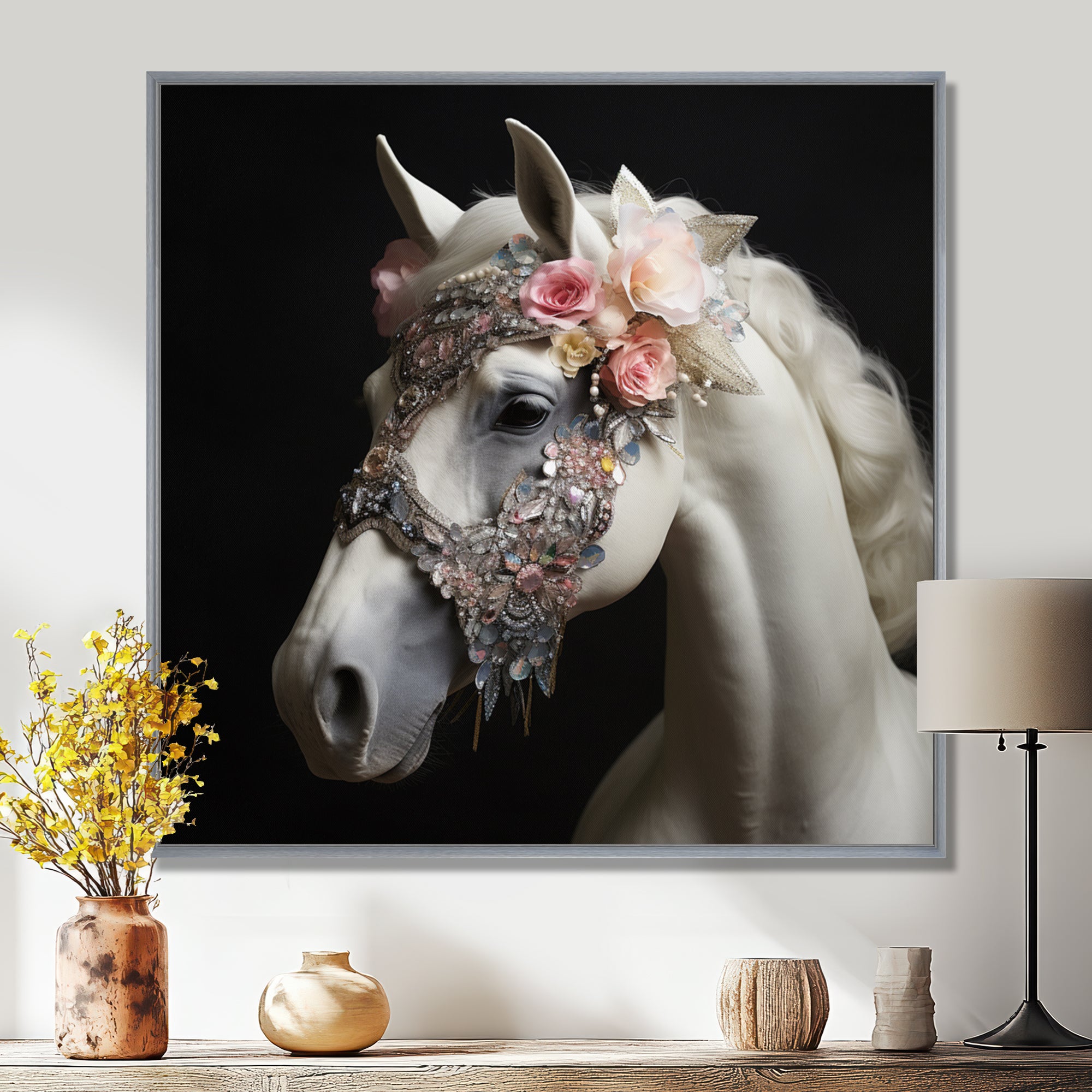 Glamorous White Horse With Pink Flowers - Horse Canvas Wall Art