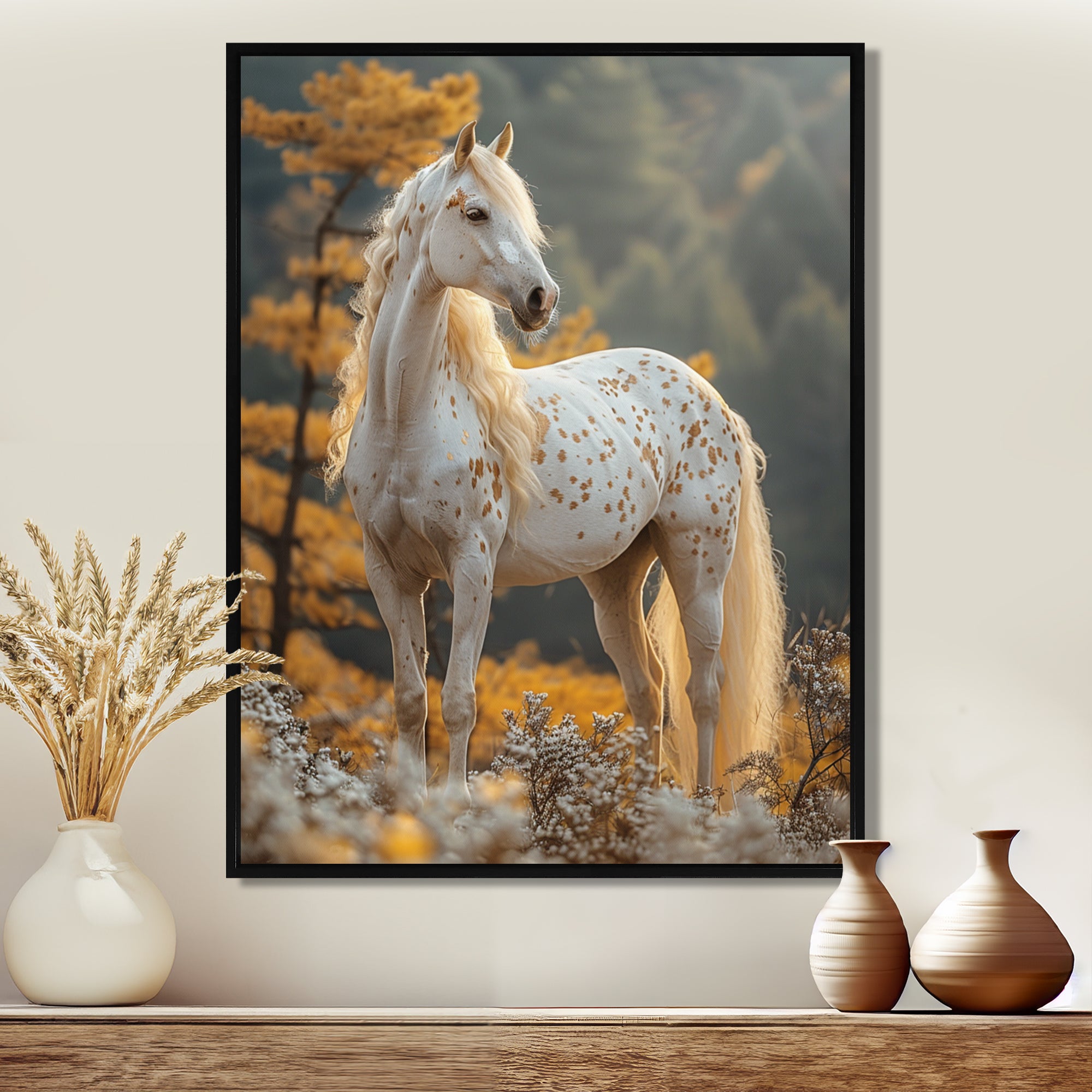 Majestic White Horse Autumn Forest Sunset - Horse Canvas Wall Art