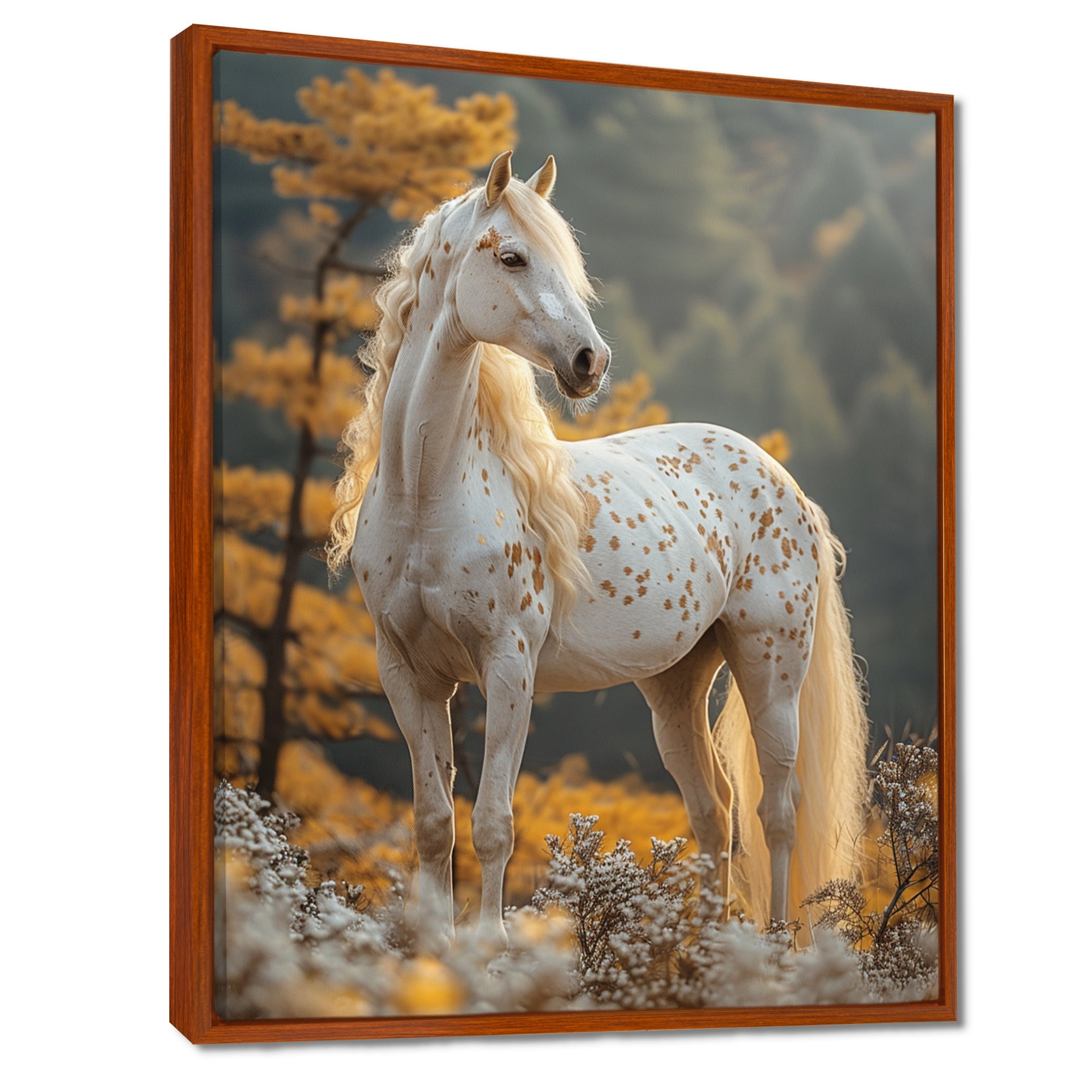 Majestic White Horse Autumn Forest Sunset - Horse Canvas Wall Art