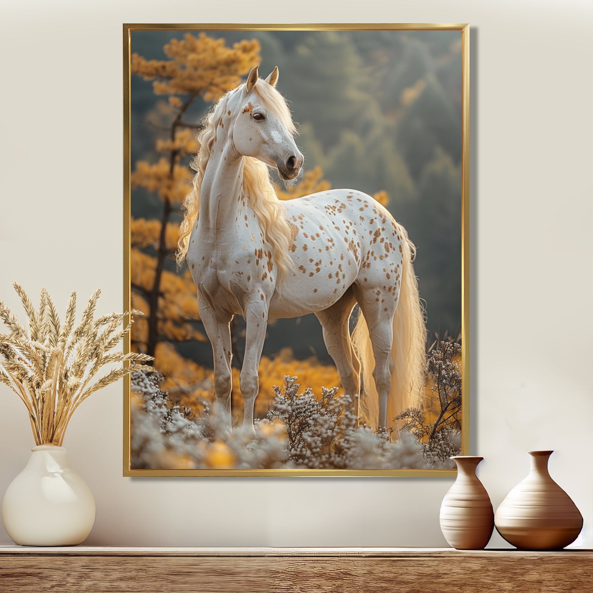 Majestic White Horse Autumn Forest Sunset - Horse Canvas Wall Art