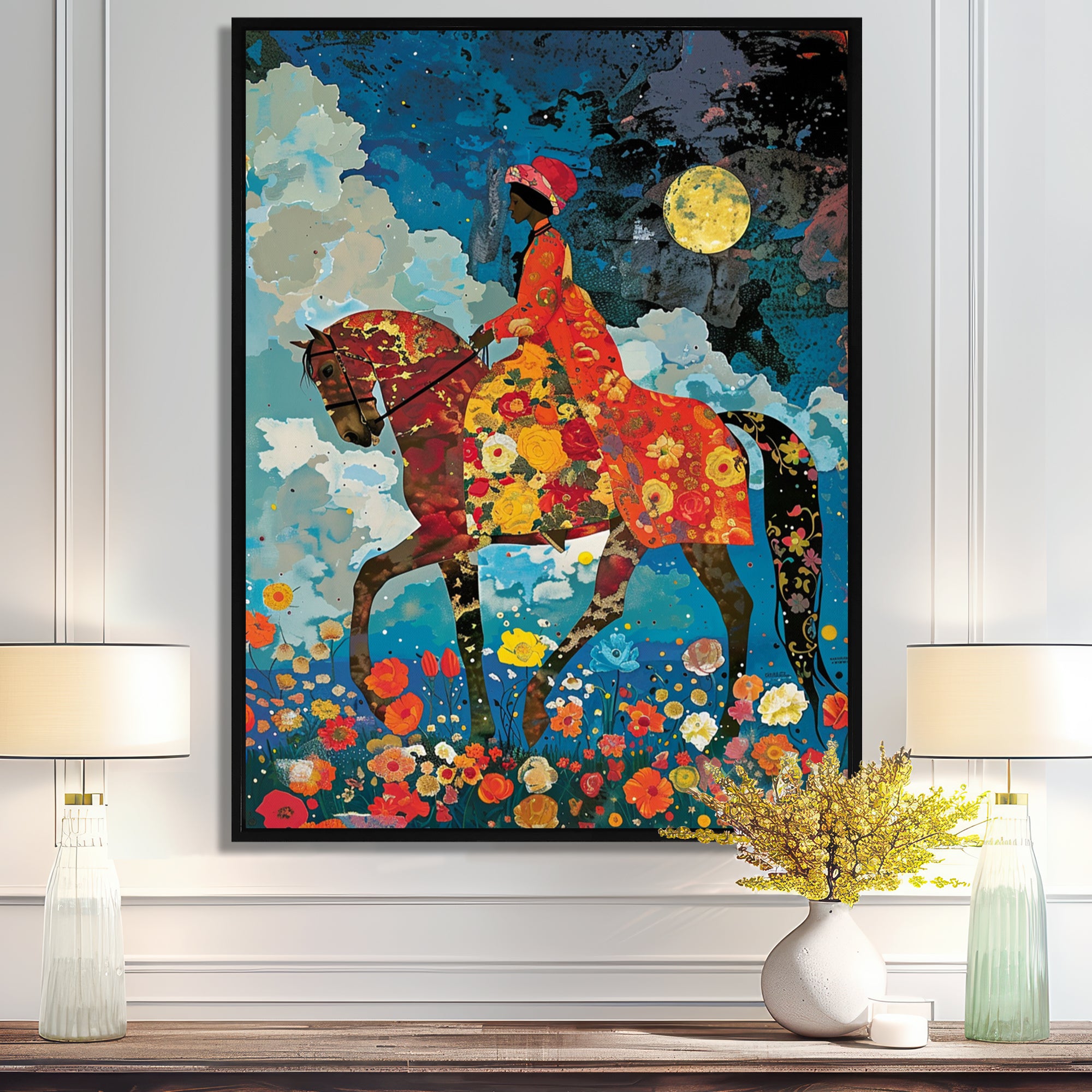 Lady Riding Horse Full Moon Flower Field - Horse Wall Art Prints