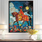 Lady Riding Horse Full Moon Flower Field - Horse Wall Art Prints