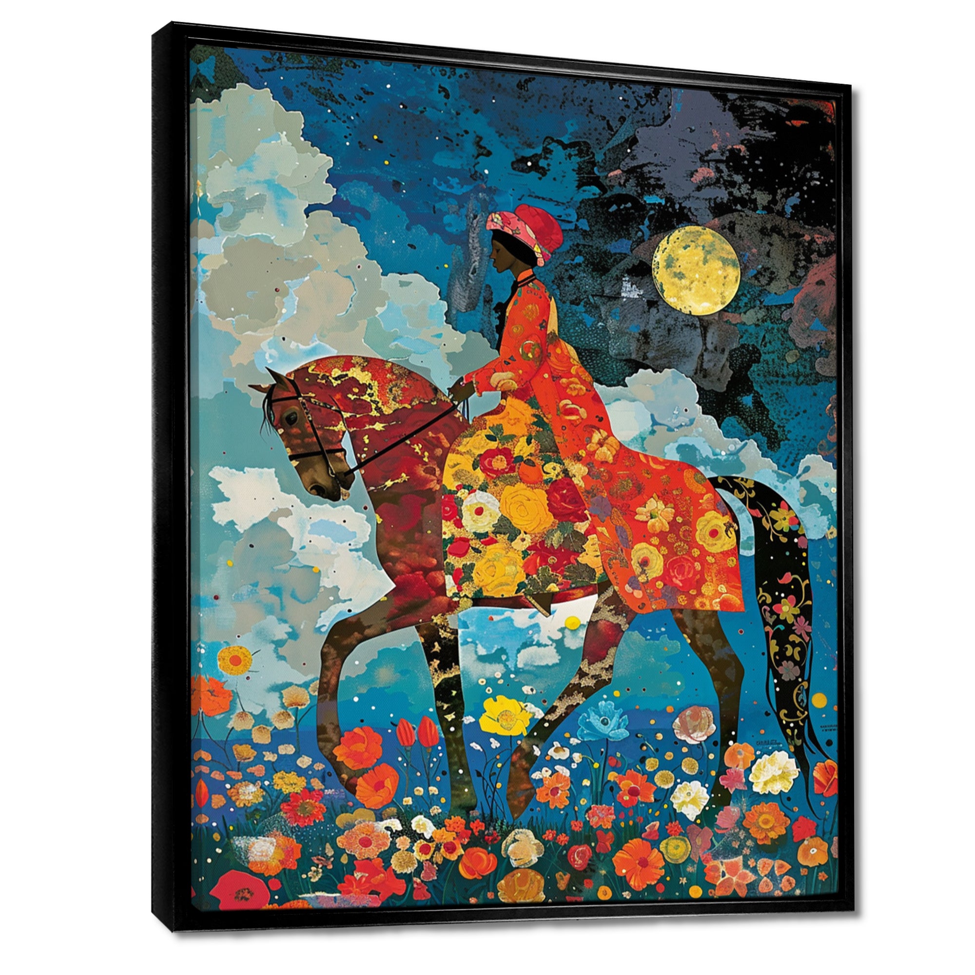 Lady Riding Horse Full Moon Flower Field - Horse Wall Art Prints