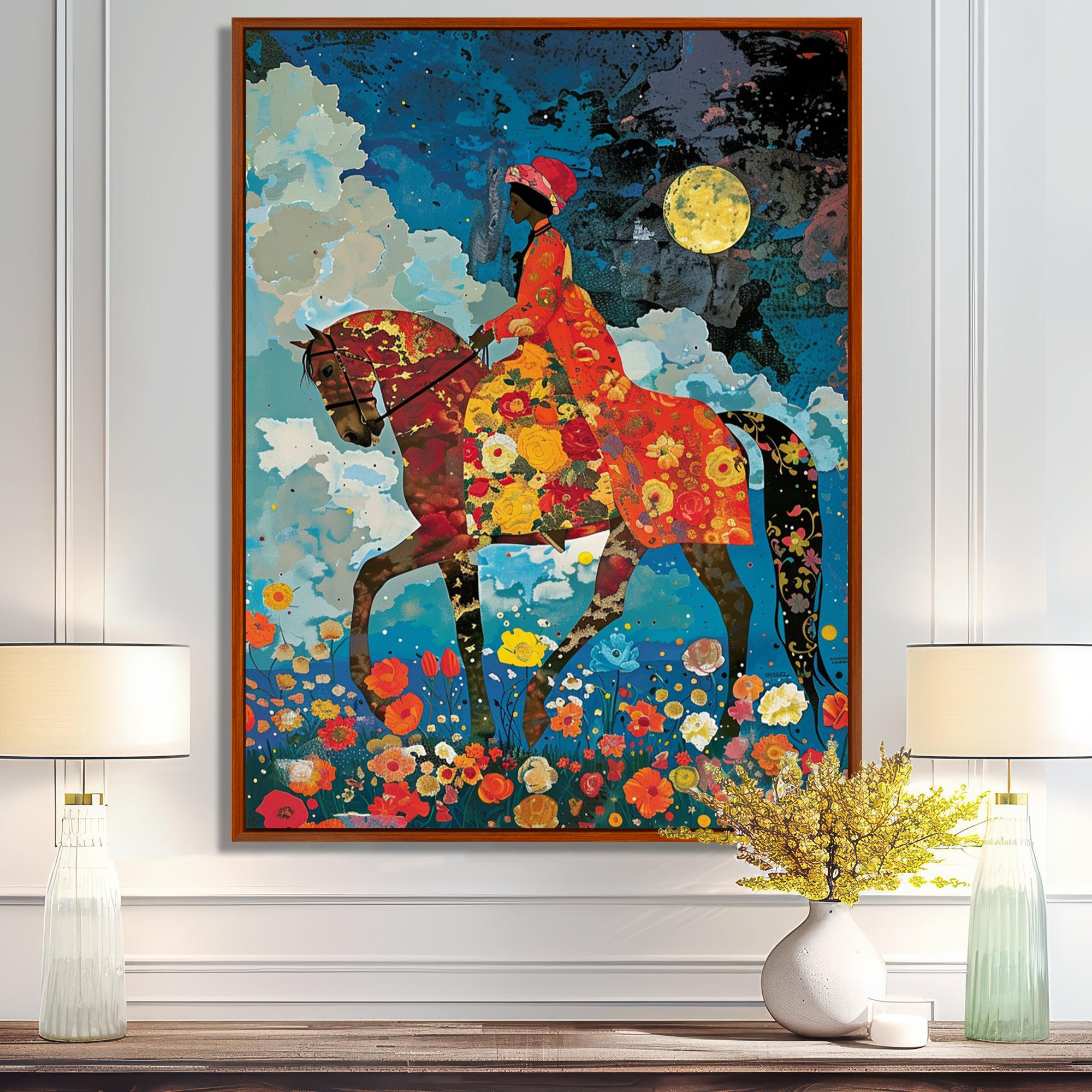 Lady Riding Horse Full Moon Flower Field - Horse Wall Art Prints