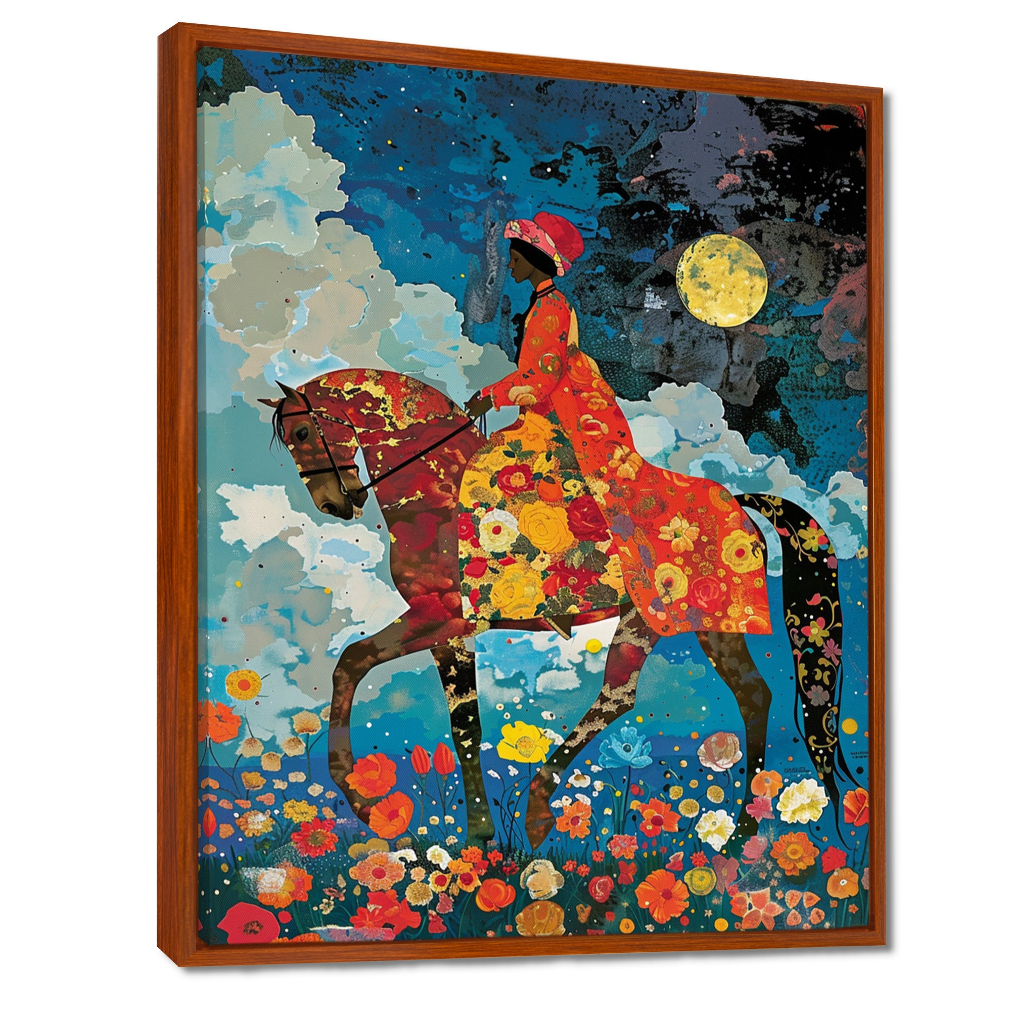 Lady Riding Horse Full Moon Flower Field - Horse Wall Art Prints