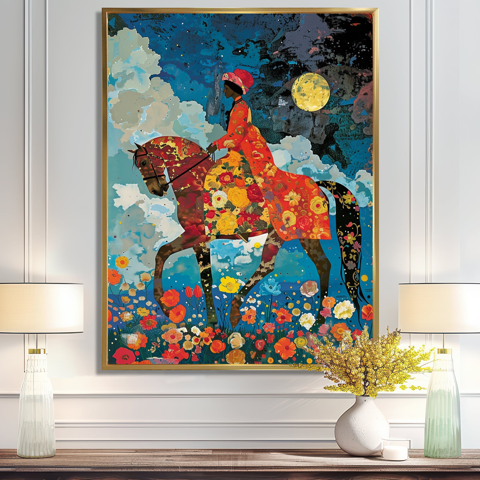 Lady Riding Horse Full Moon Flower Field - Horse Wall Art Prints