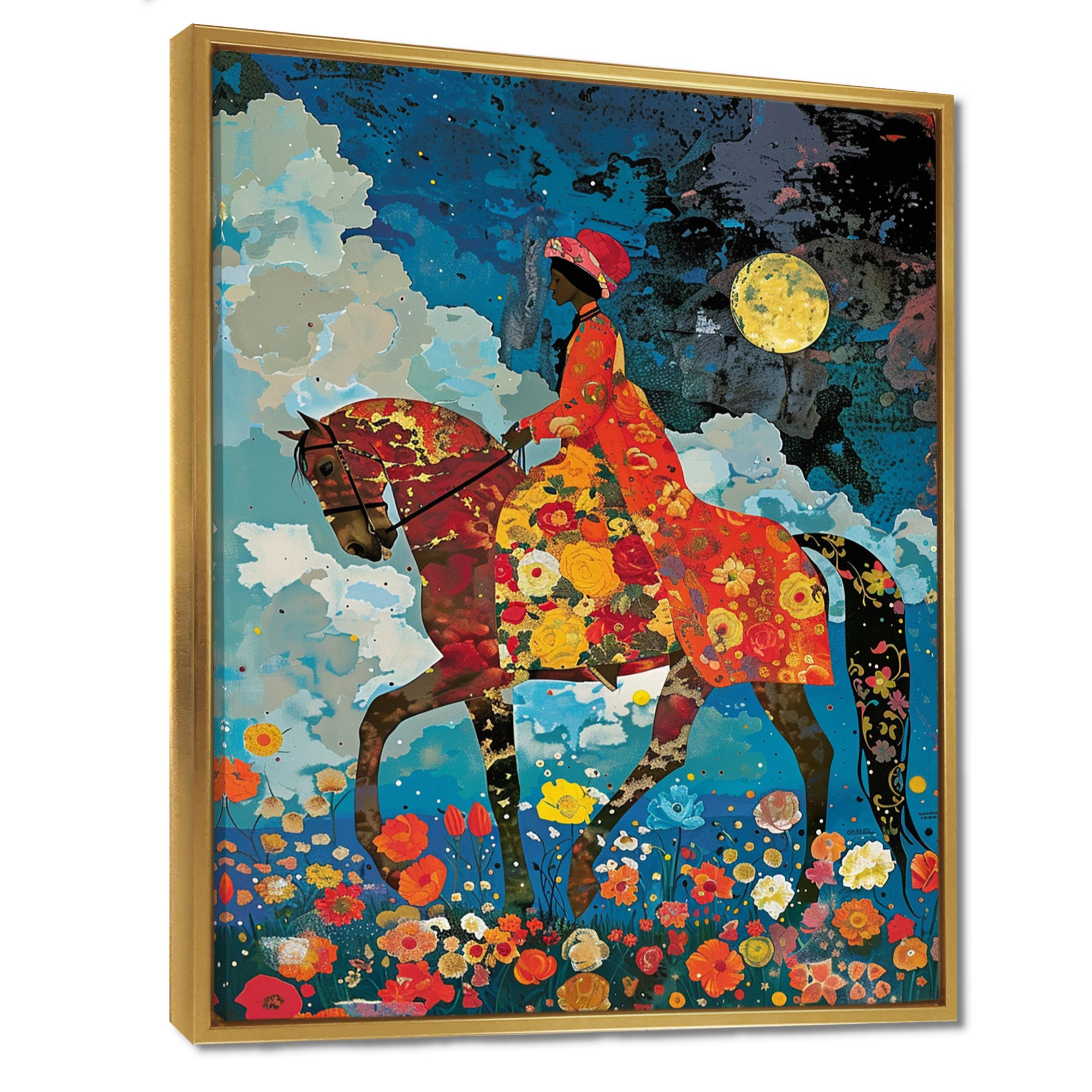 Lady Riding Horse Full Moon Flower Field - Horse Wall Art Prints