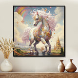 White Unicorn Horse Pink Manes Rainbow - Horse Framed Canvas Art