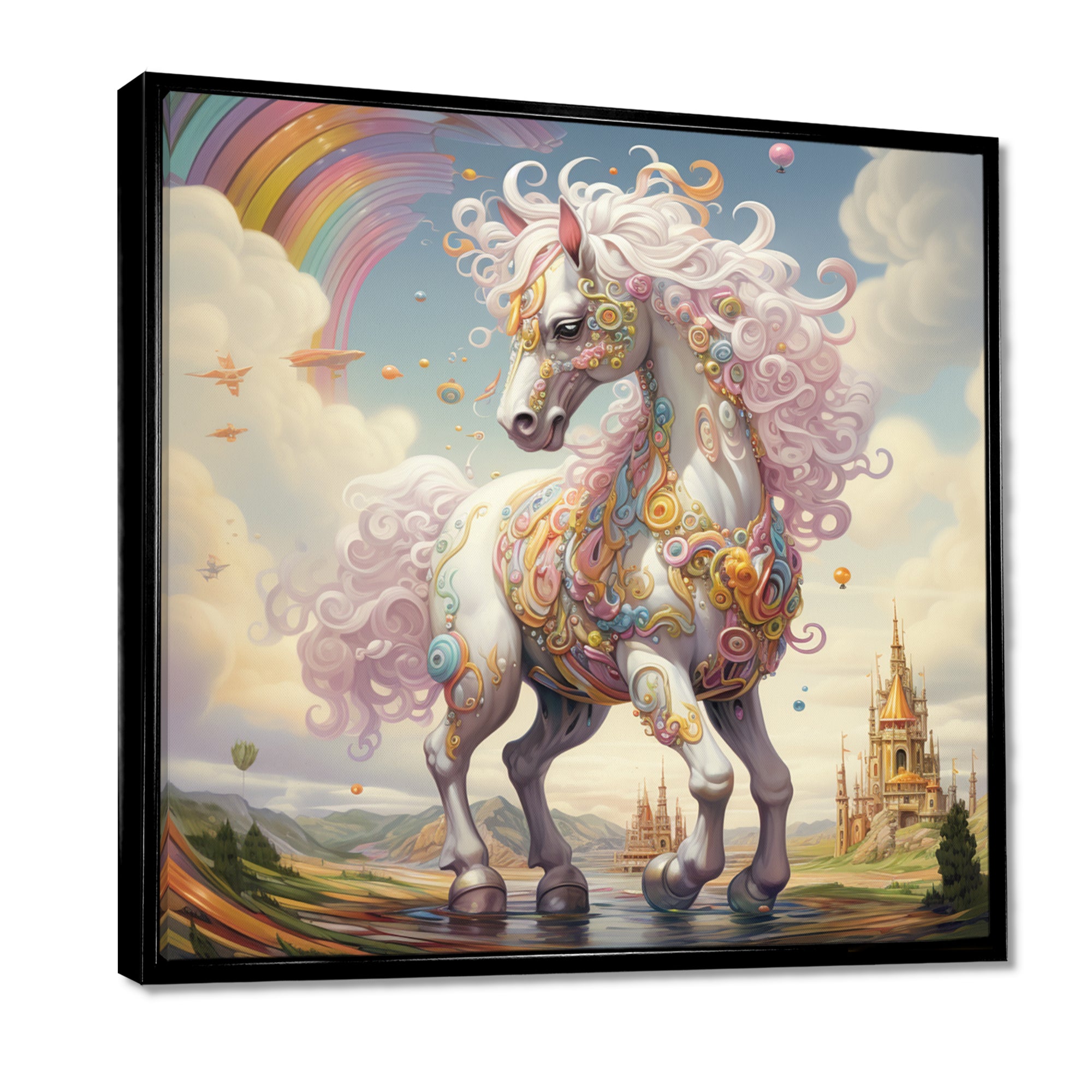 White Unicorn Horse Pink Manes Rainbow - Horse Framed Canvas Art