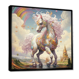 White Unicorn Horse Pink Manes Rainbow - Horse Framed Canvas Art