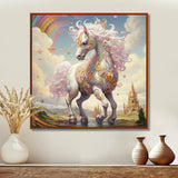 White Unicorn Horse Pink Manes Rainbow - Horse Framed Canvas Art