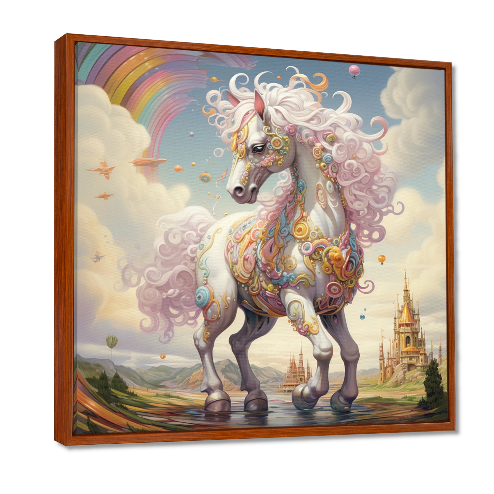 White Unicorn Horse Pink Manes Rainbow - Horse Framed Canvas Art