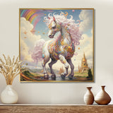 White Unicorn Horse Pink Manes Rainbow - Horse Framed Canvas Art