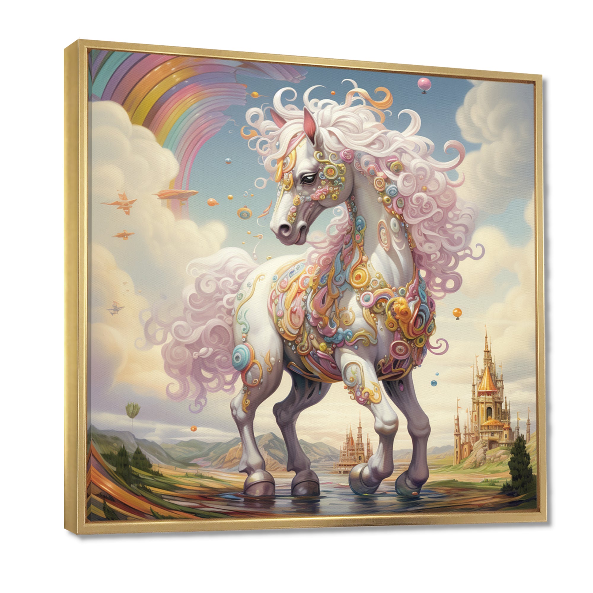 White Unicorn Horse Pink Manes Rainbow - Horse Framed Canvas Art