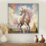 White Unicorn Horse Pink Manes Rainbow - Horse Framed Canvas Art