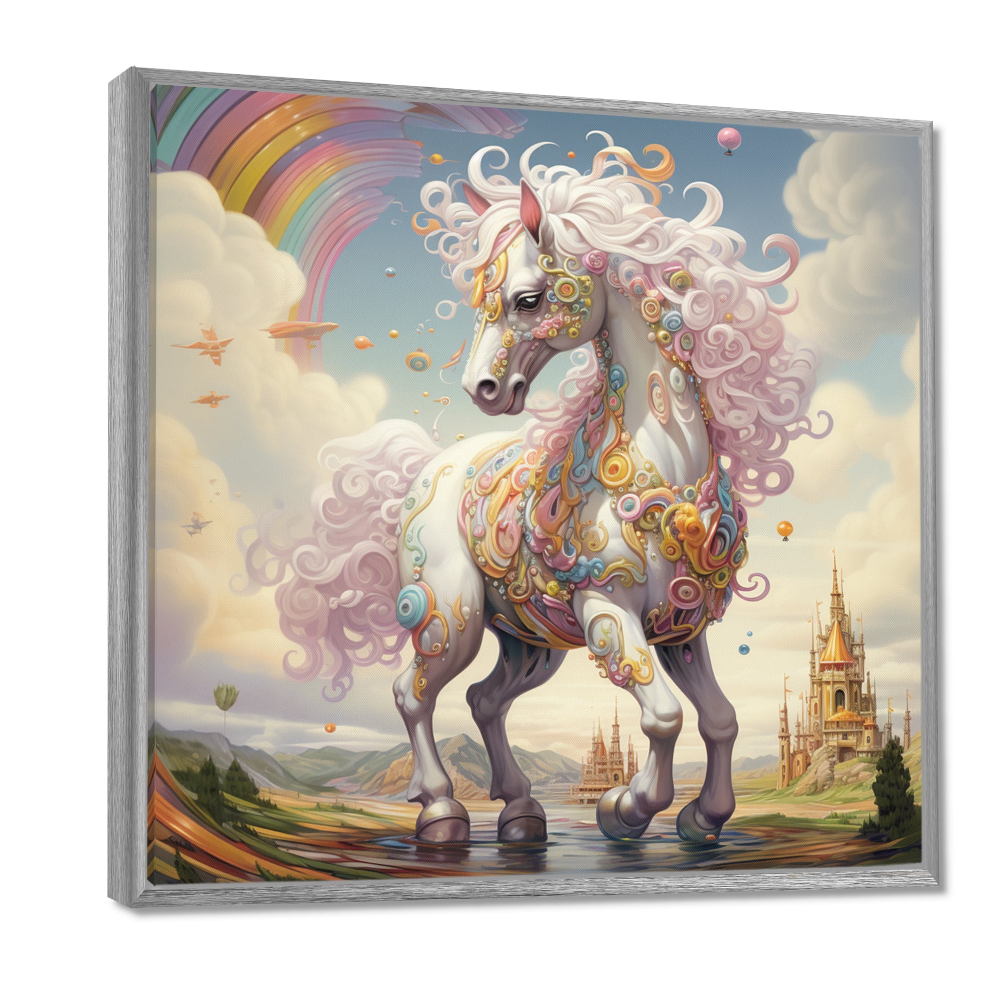 White Unicorn Horse Pink Manes Rainbow - Horse Framed Canvas Art