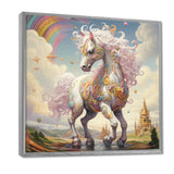 White Unicorn Horse Pink Manes Rainbow - Horse Framed Canvas Art