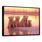 Four Adorable Polar Bears Pink Sunset - Bear Landscape Living Room Wall Art