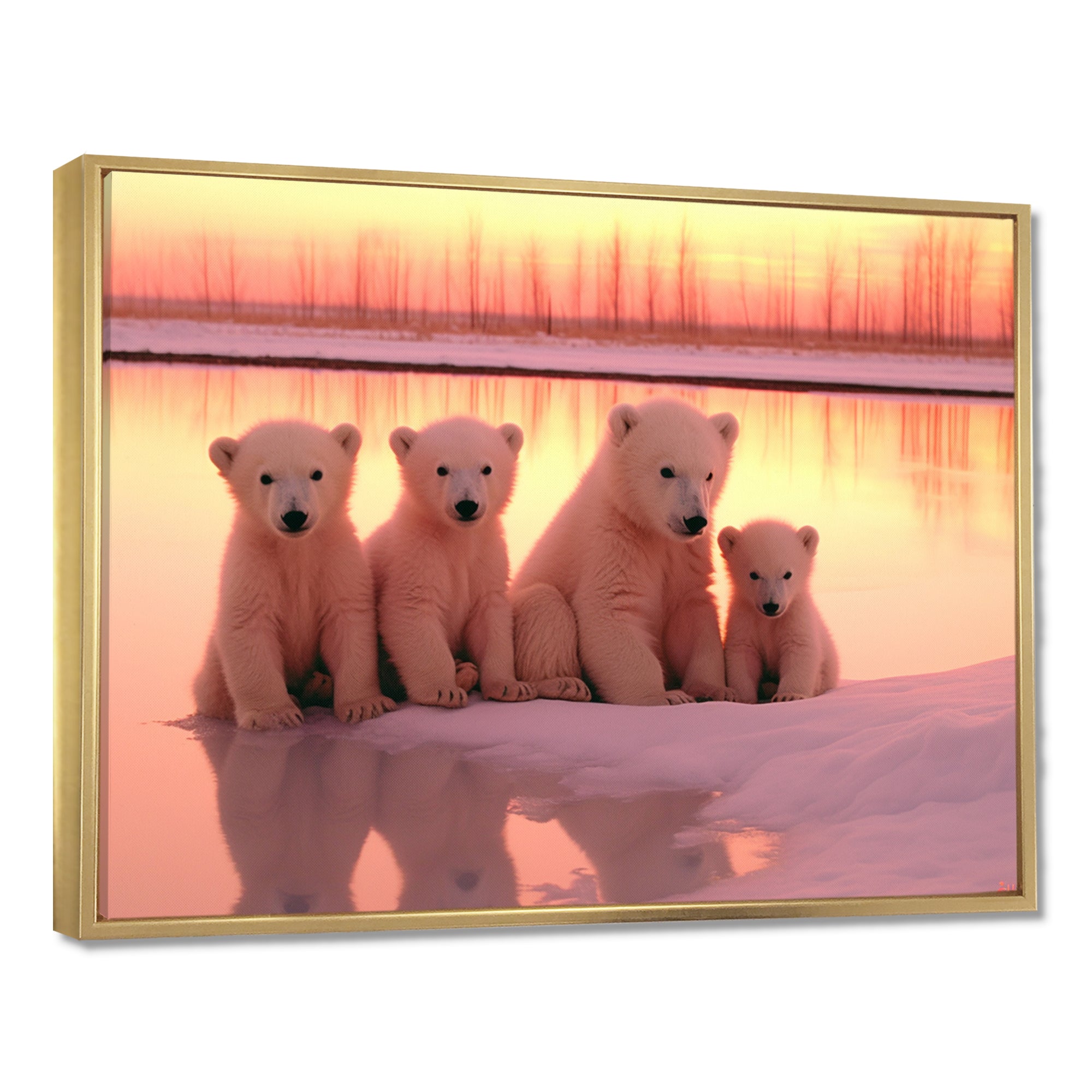 Four Adorable Polar Bears Pink Sunset - Bear Landscape Living Room Wall Art