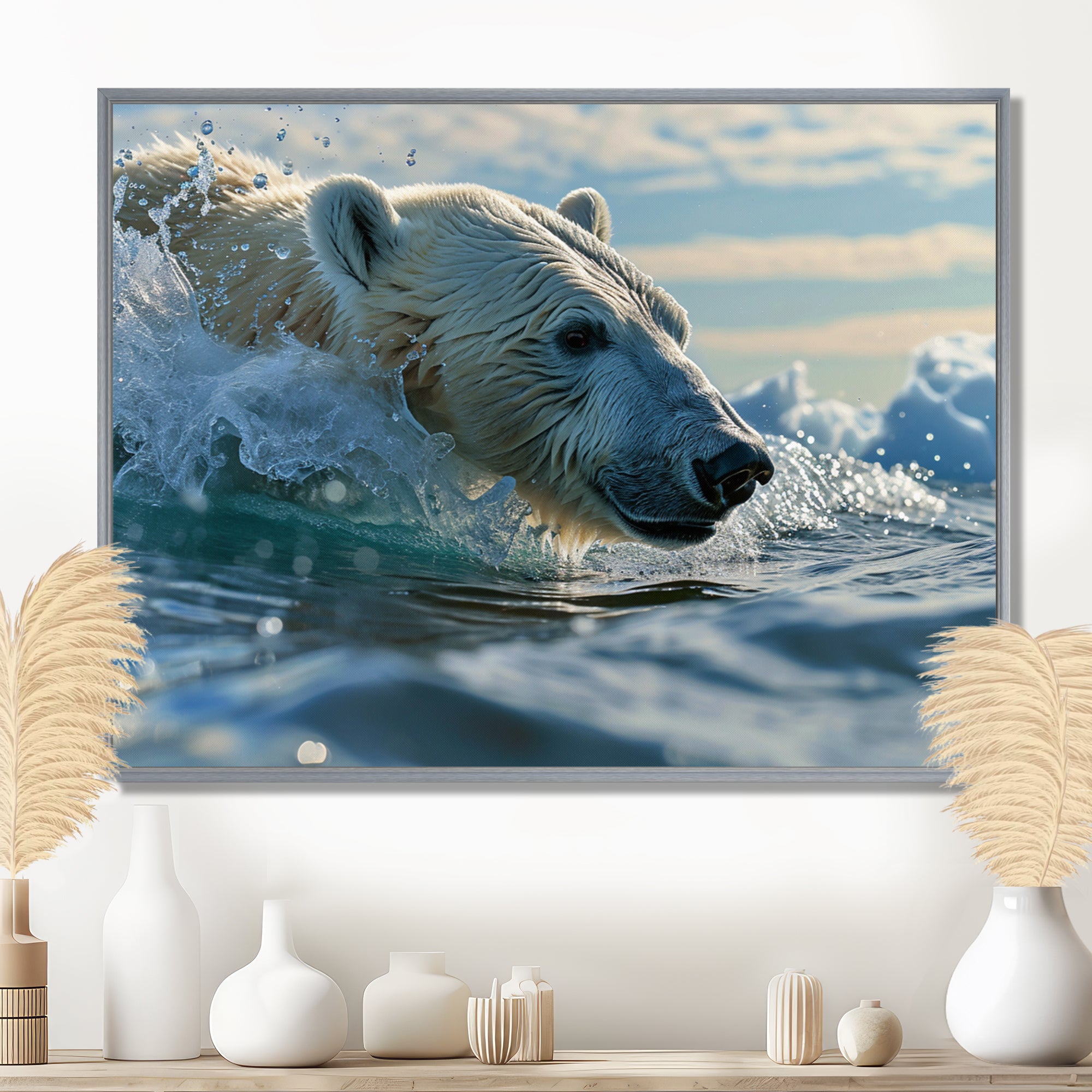 Polar Bear Swimming In Artic Sea - Bear Canvas Wall Art