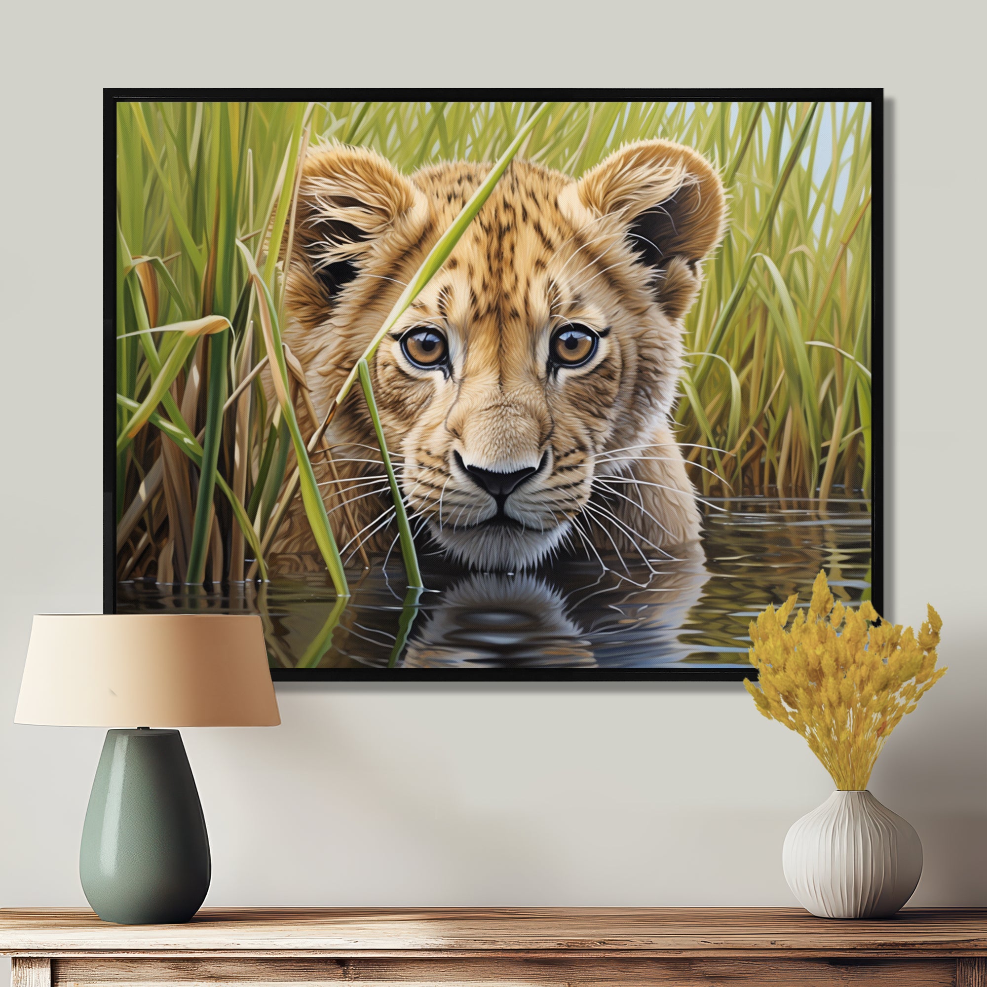 Endearing Lion Cub By The River - Lion Large Canvas Wall Art