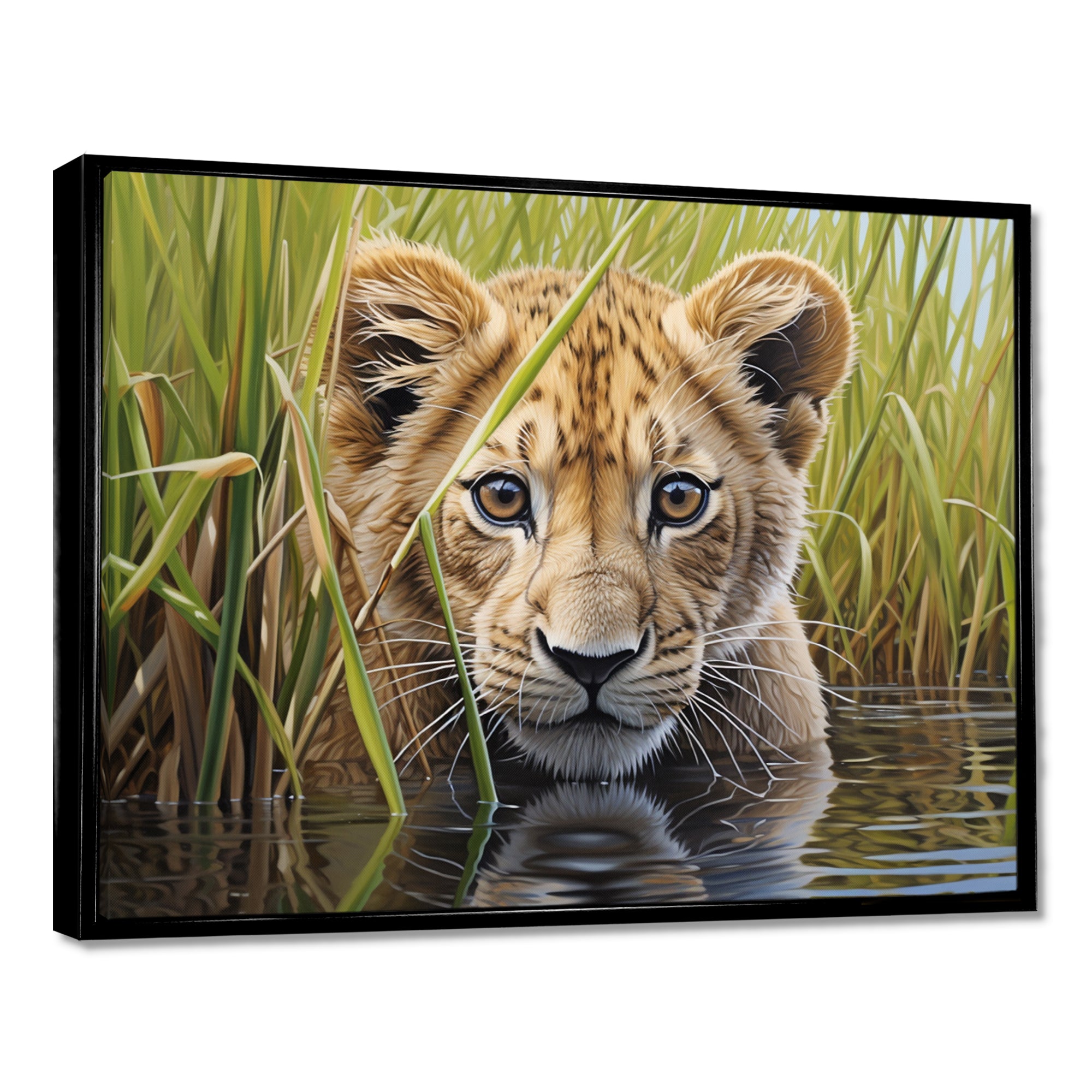 Endearing Lion Cub By The River - Lion Large Canvas Wall Art