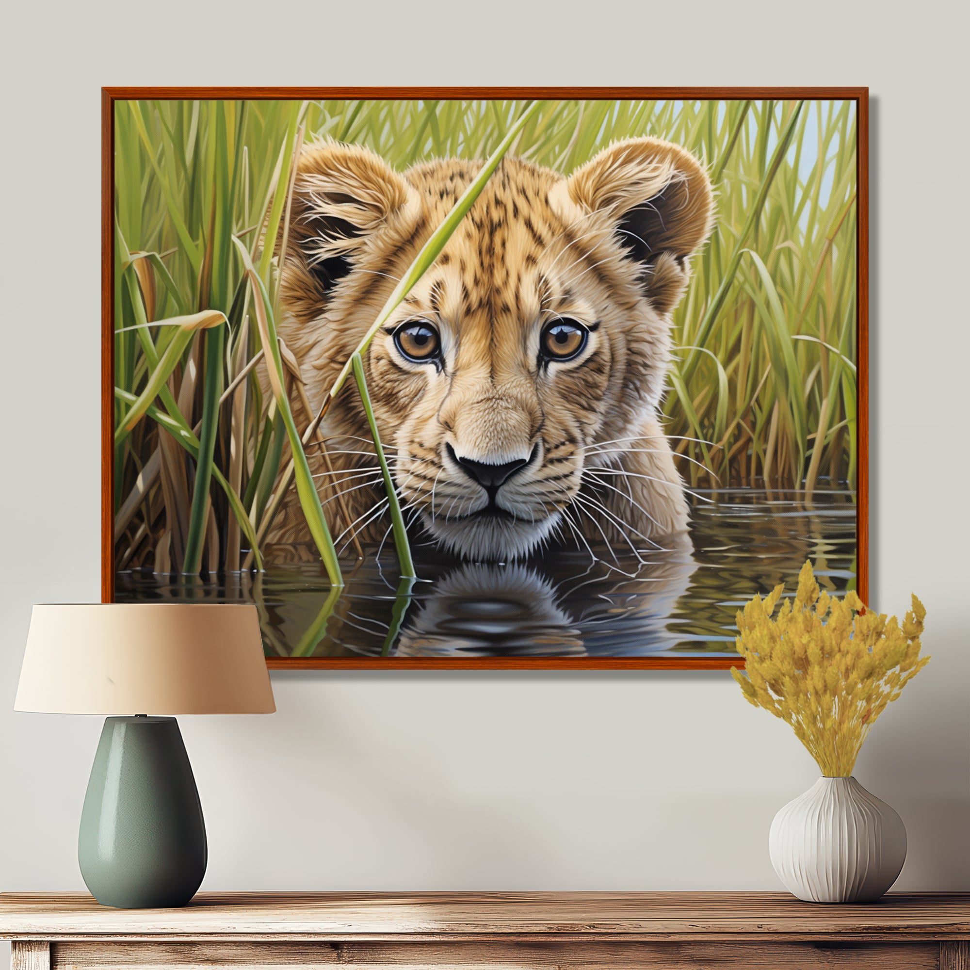 Endearing Lion Cub By The River - Lion Large Canvas Wall Art