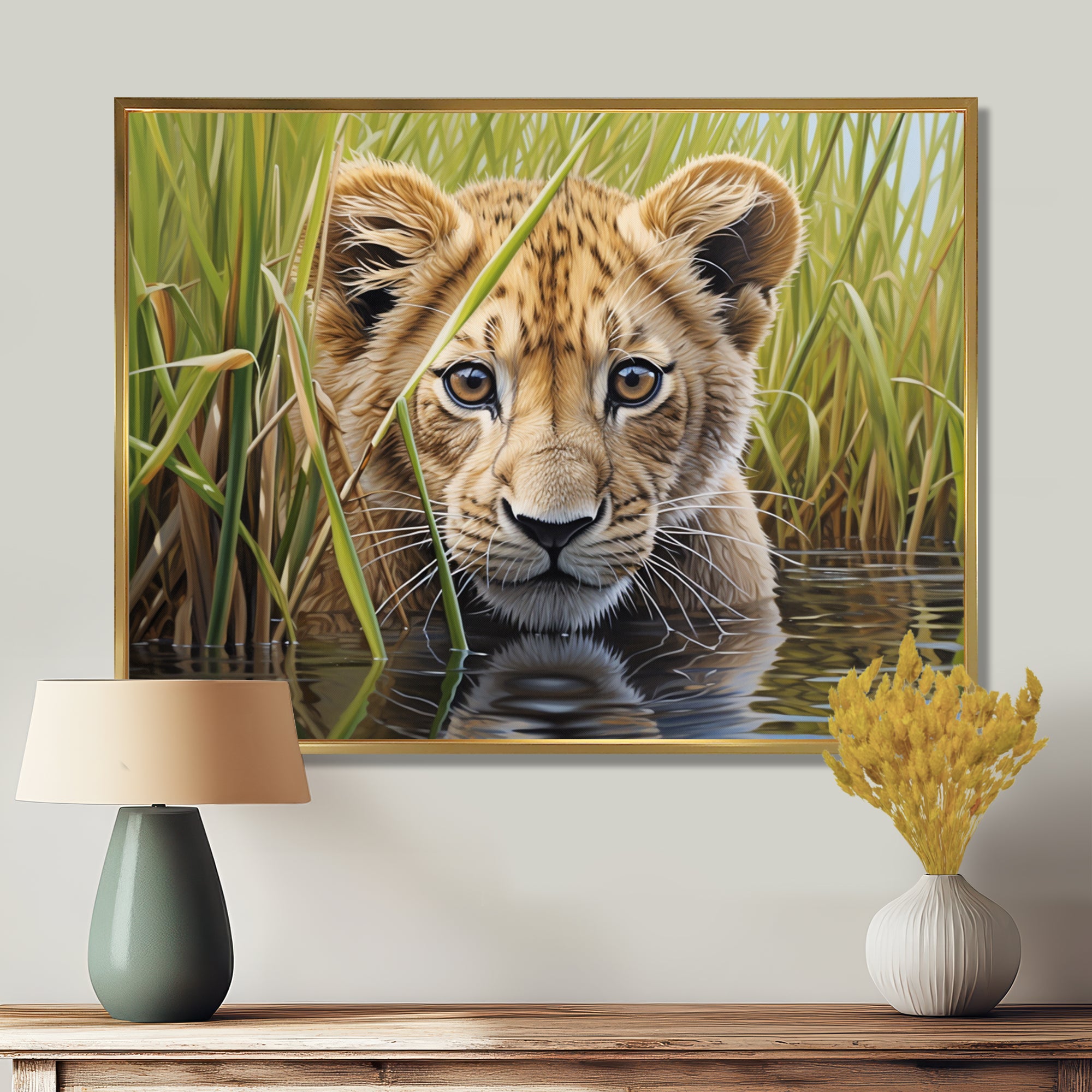 Endearing Lion Cub By The River - Lion Large Canvas Wall Art