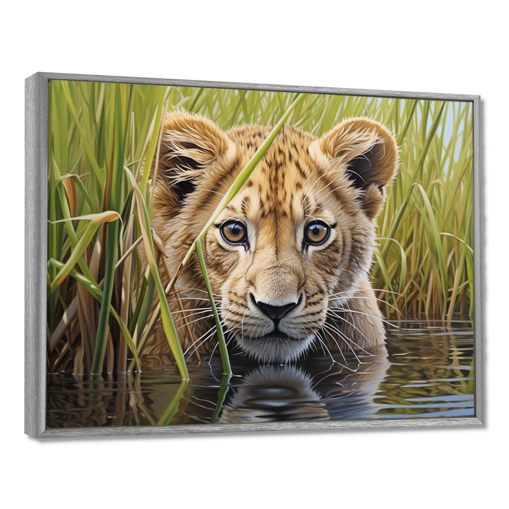 Endearing Lion Cub By The River - Lion Large Canvas Wall Art