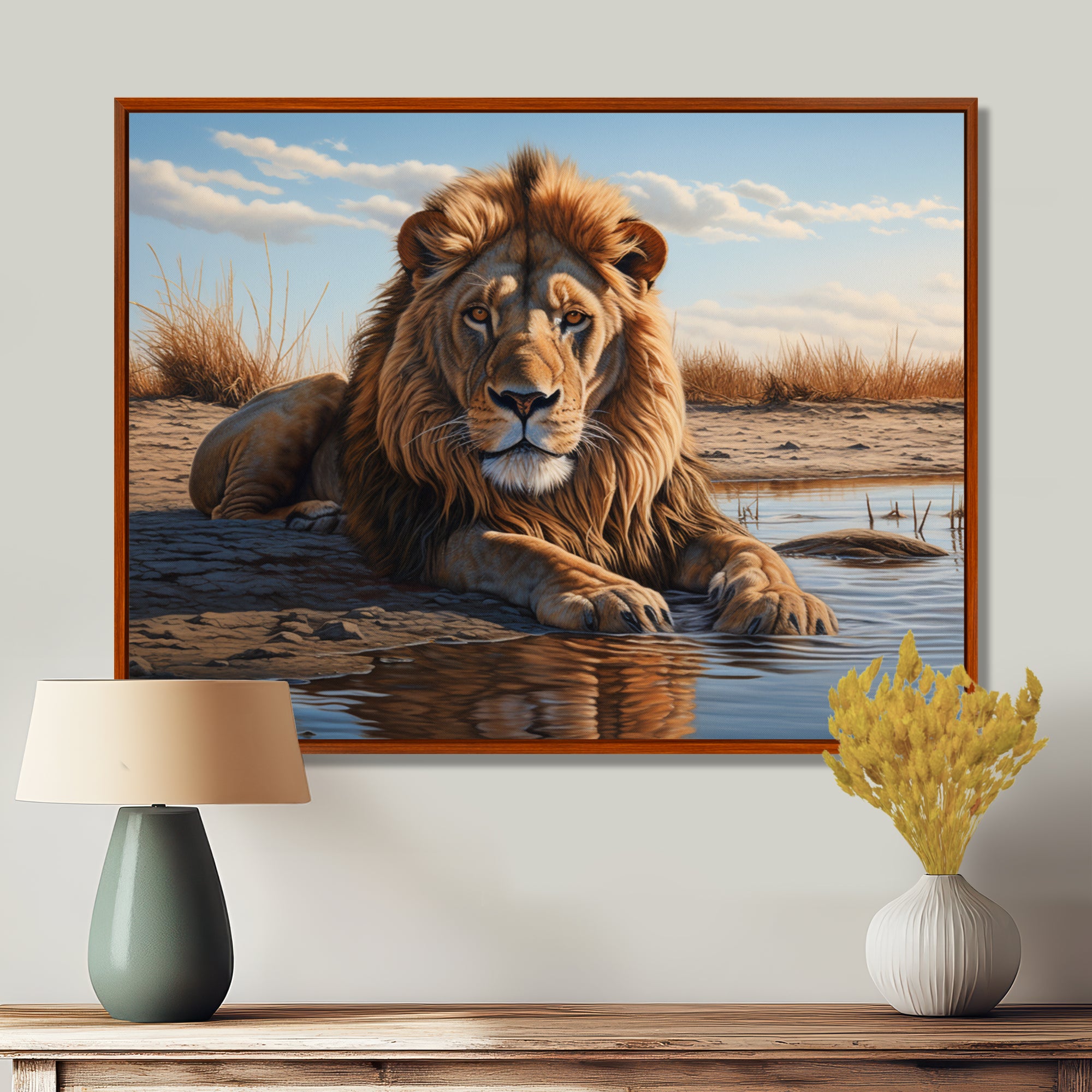 Lion Resting By The Water Pool - Lion Wall Art Prints