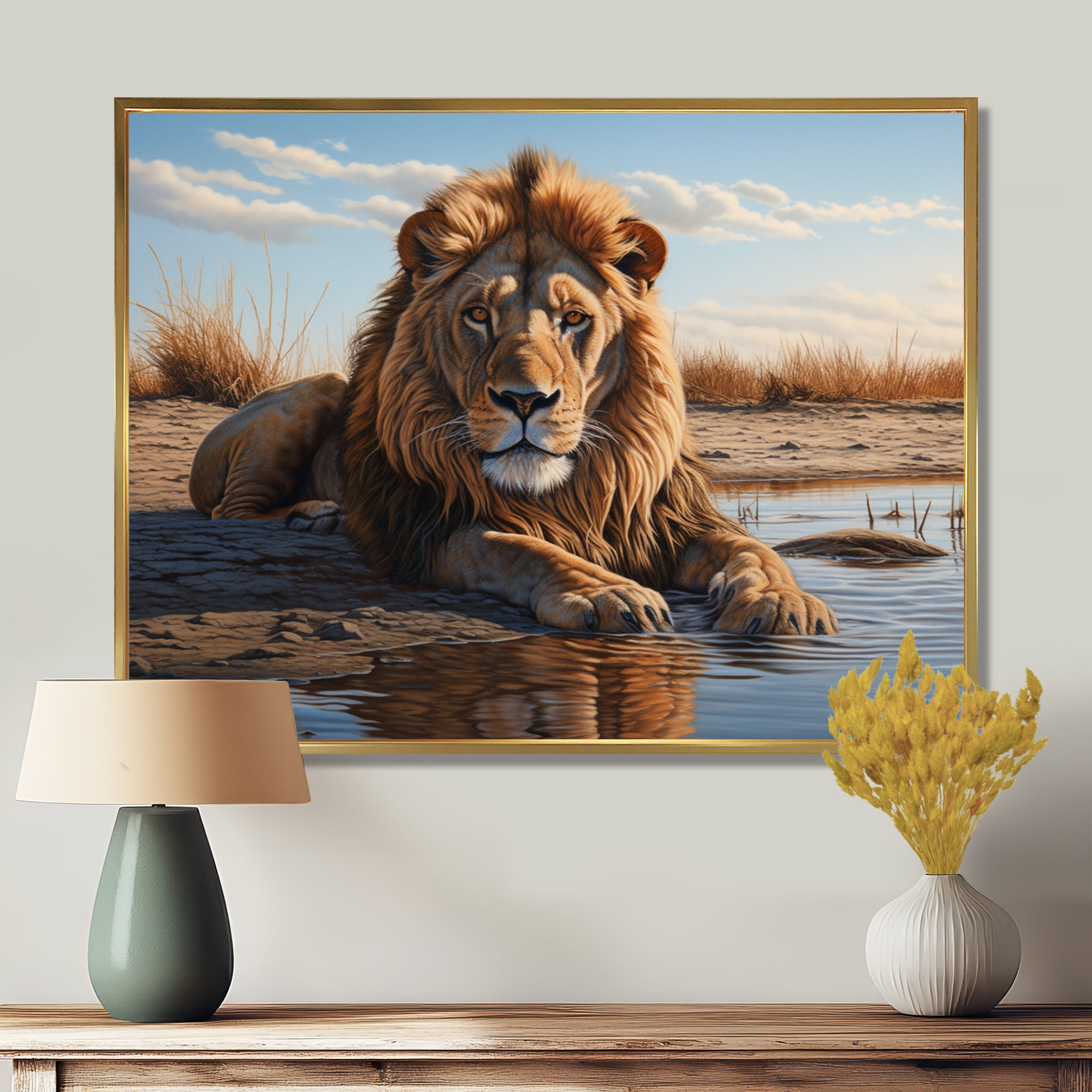 Lion Resting By The Water Pool - Lion Wall Art Prints
