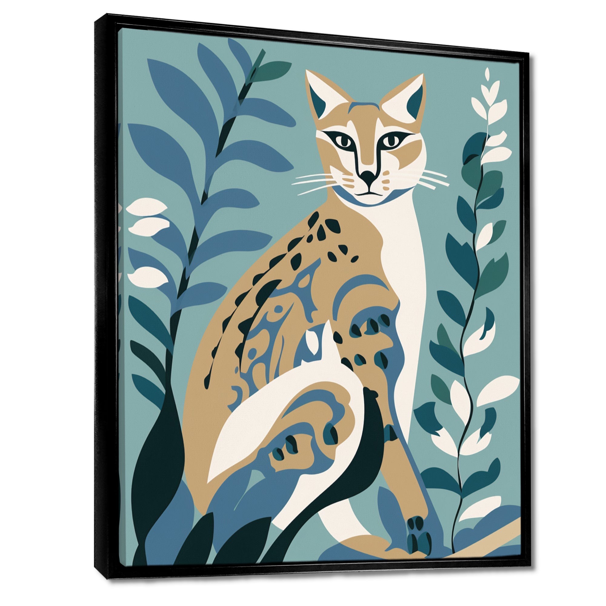 Lynx Portrait Faded Retro Blue Illustration - Brown Cat Wall Art