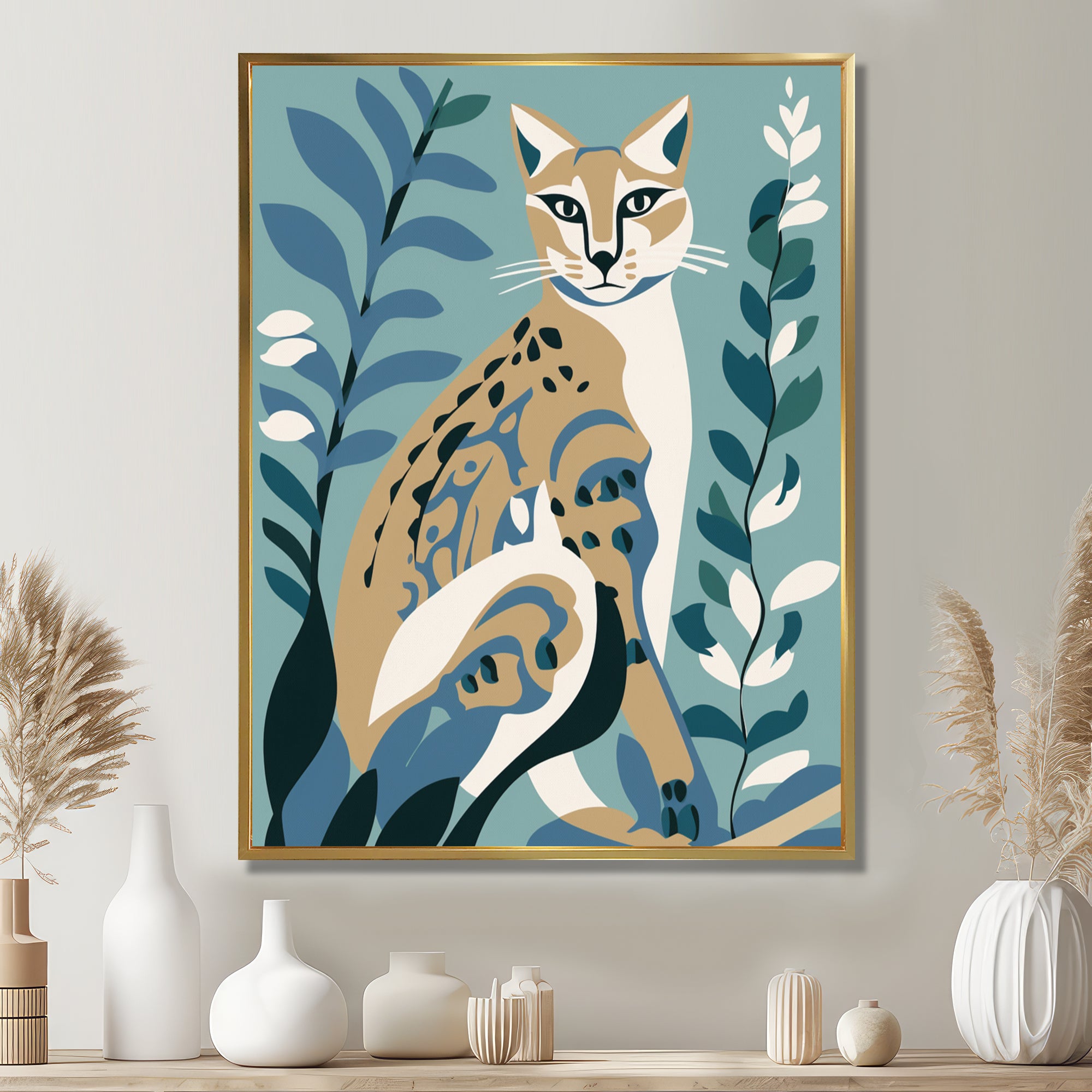 Lynx Portrait Faded Retro Blue Illustration - Brown Cat Wall Art