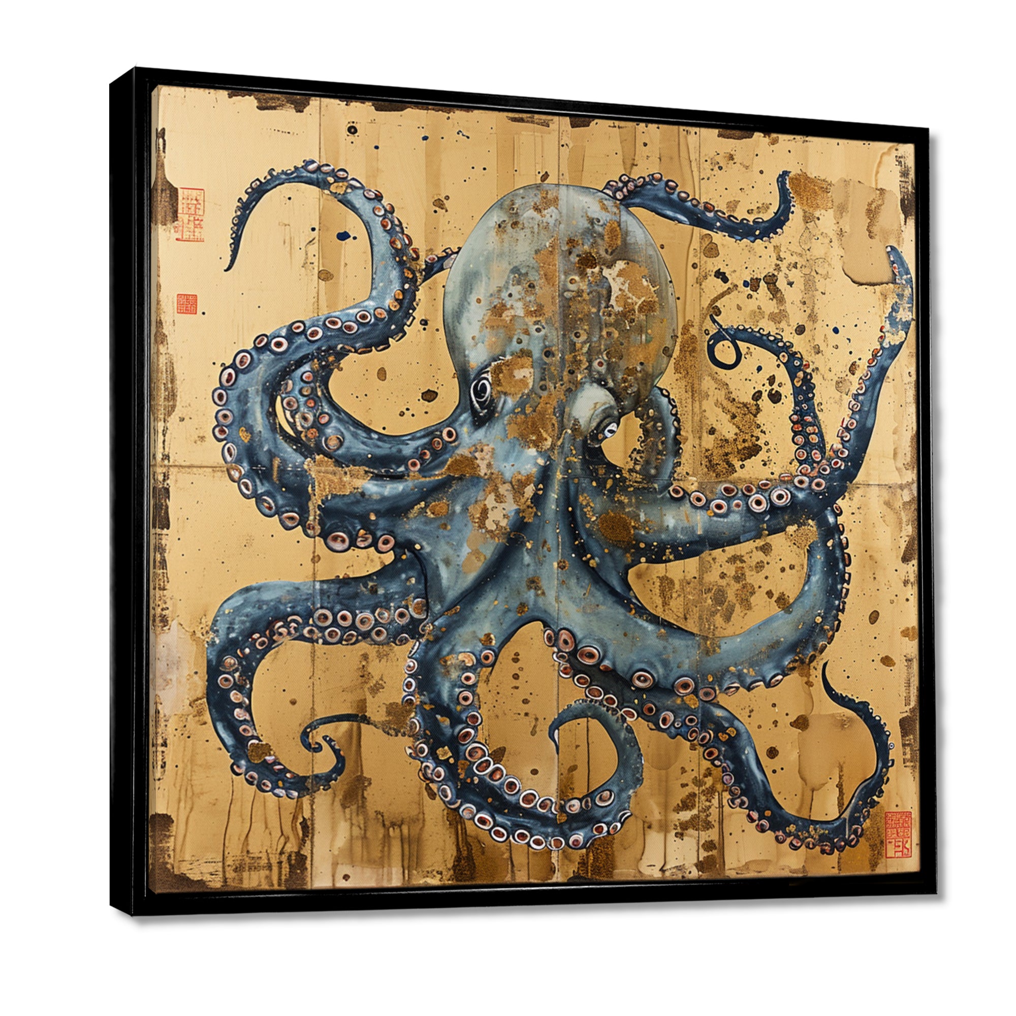 Blue Octopus Asian Vintage Gold - Octopus Large Canvas Wall Art