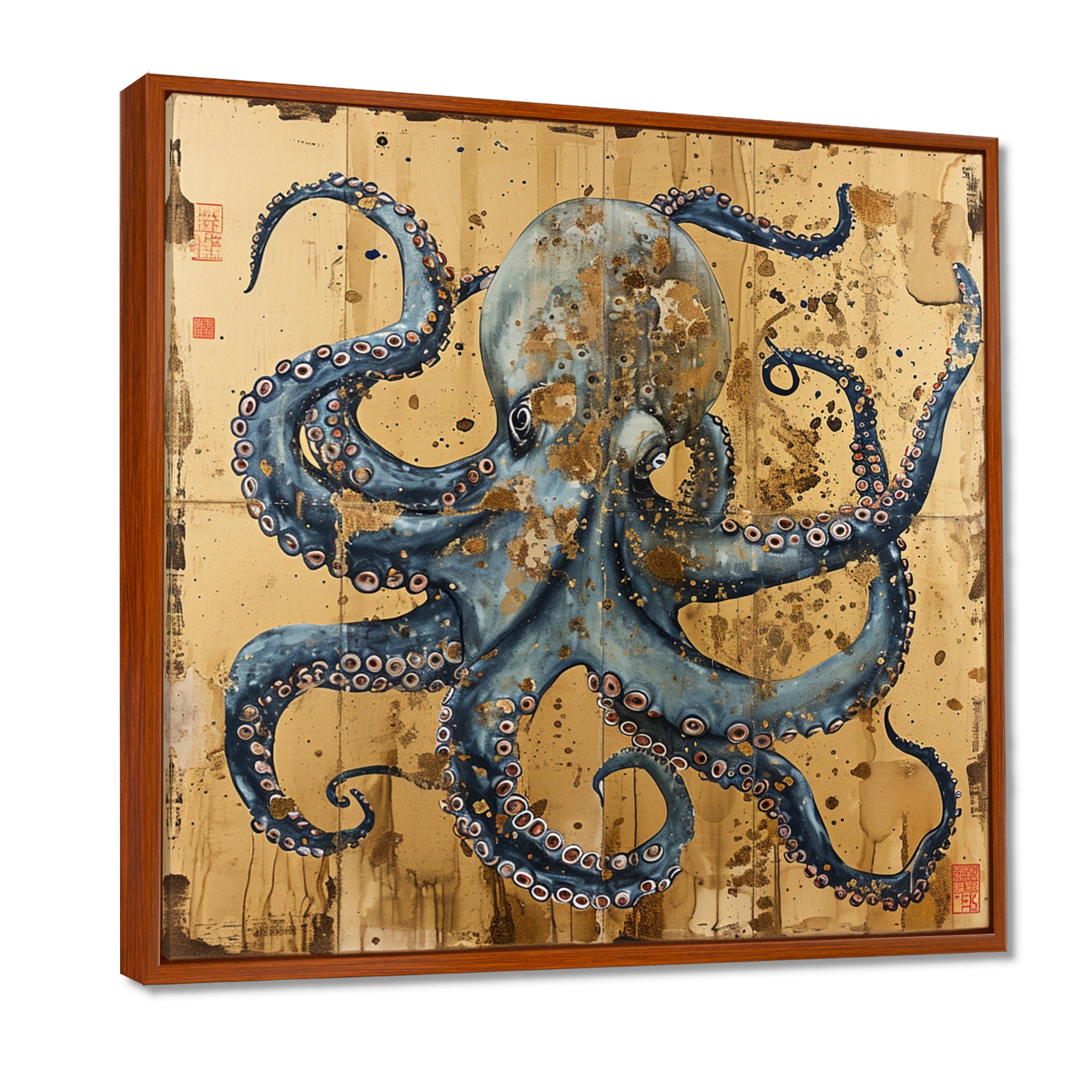 Blue Octopus Asian Vintage Gold - Octopus Large Canvas Wall Art