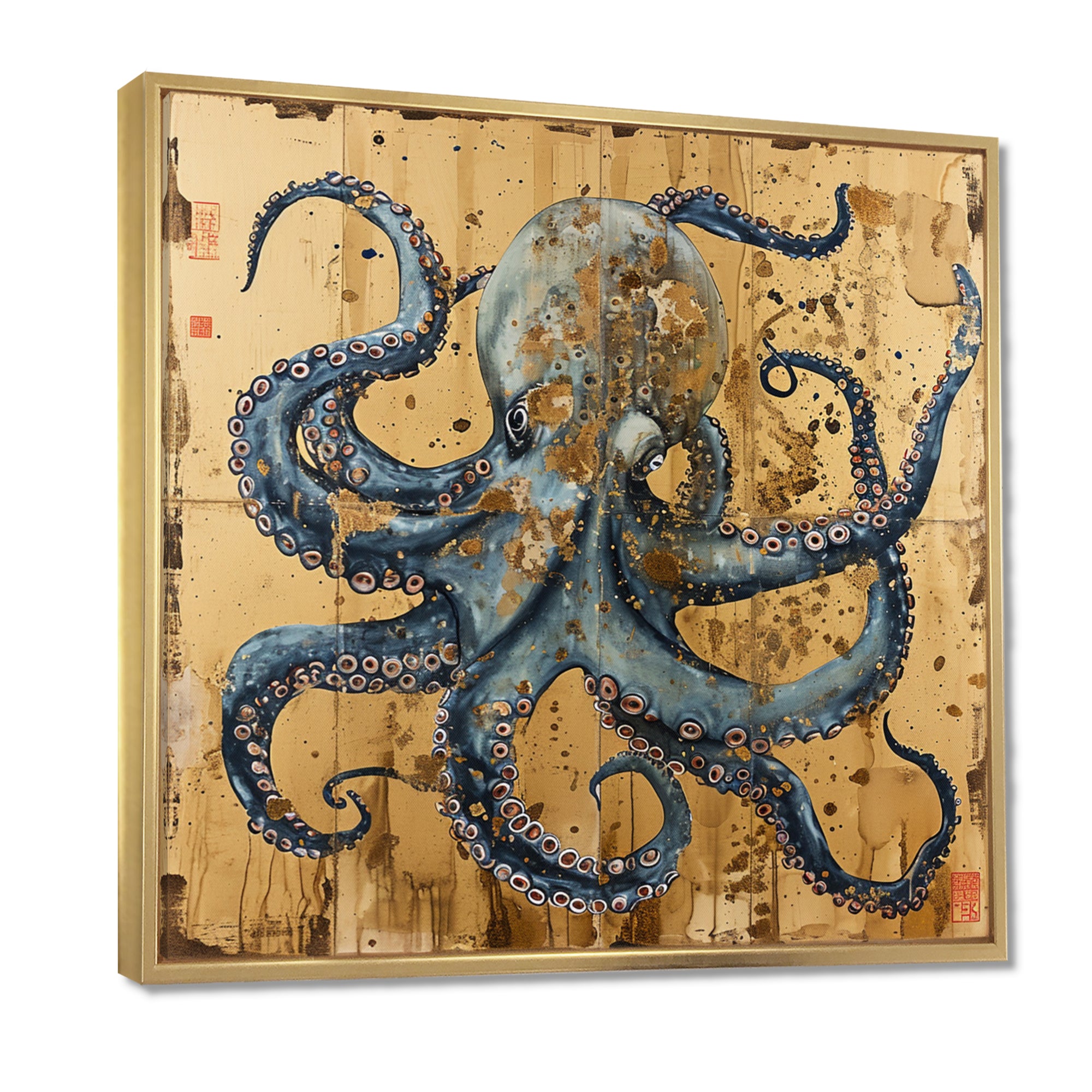 Blue Octopus Asian Vintage Gold - Octopus Large Canvas Wall Art