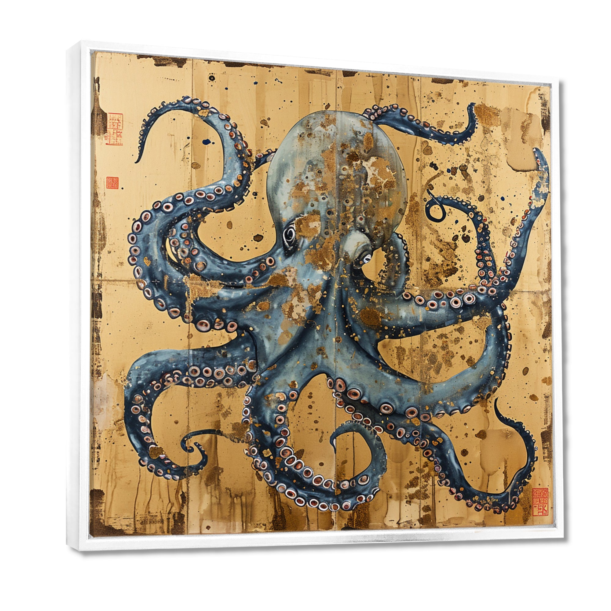 Blue Octopus Asian Vintage Gold - Octopus Large Canvas Wall Art