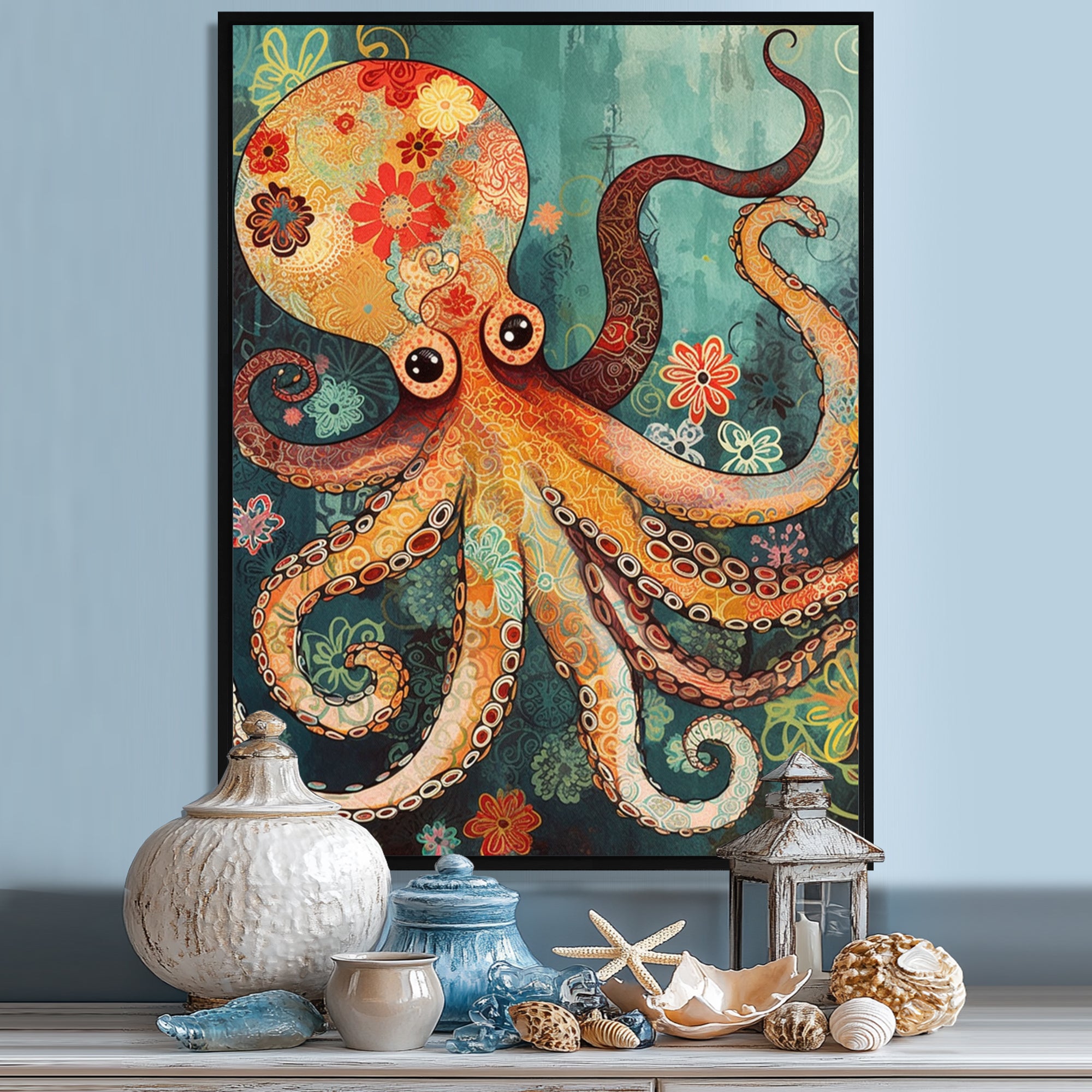 Flowerful Octopus Deep Sea Boho Vintage - Octopus Living Room Wall Art
