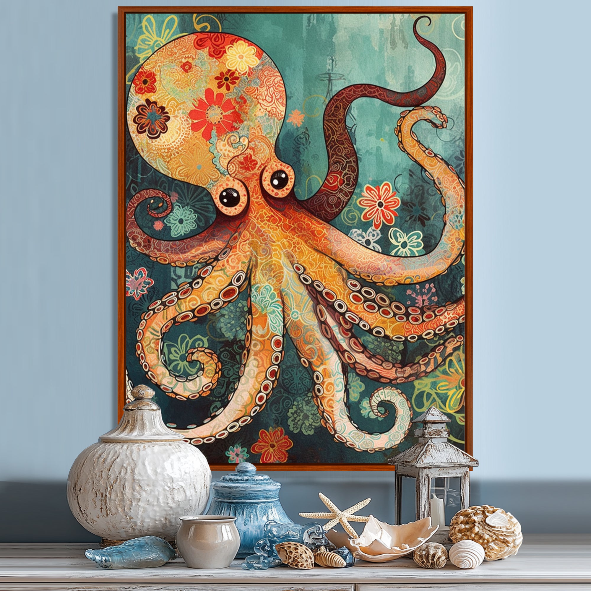 Flowerful Octopus Deep Sea Boho Vintage - Octopus Living Room Wall Art