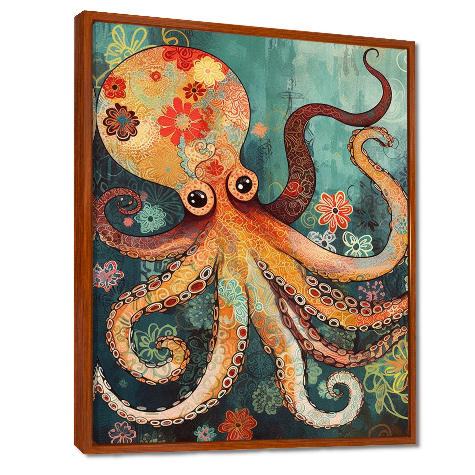 Flowerful Octopus Deep Sea Boho Vintage - Octopus Living Room Wall Art