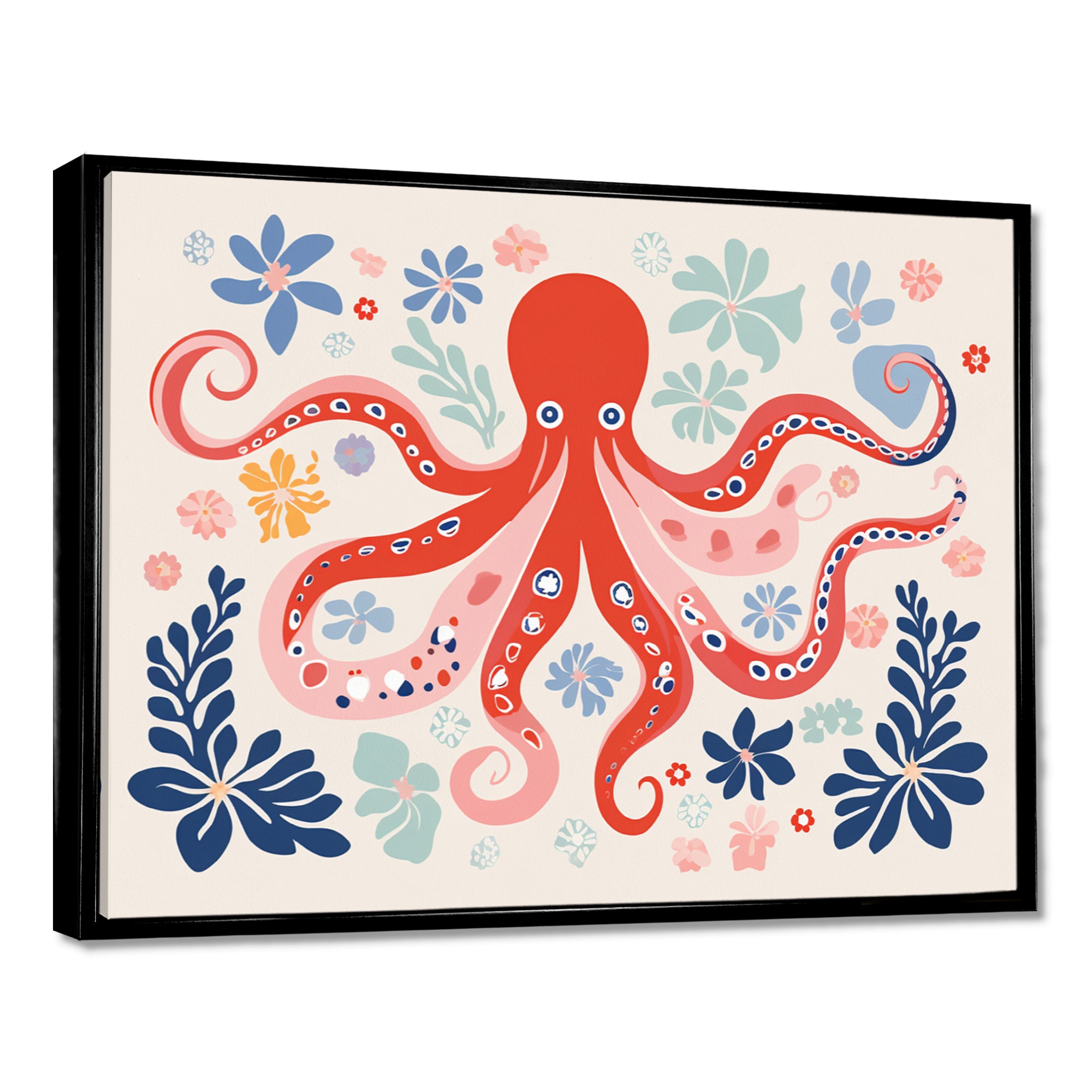 Deep Ocean Red Octopus Retro Illustration - Octopus Bedroom Wall Art